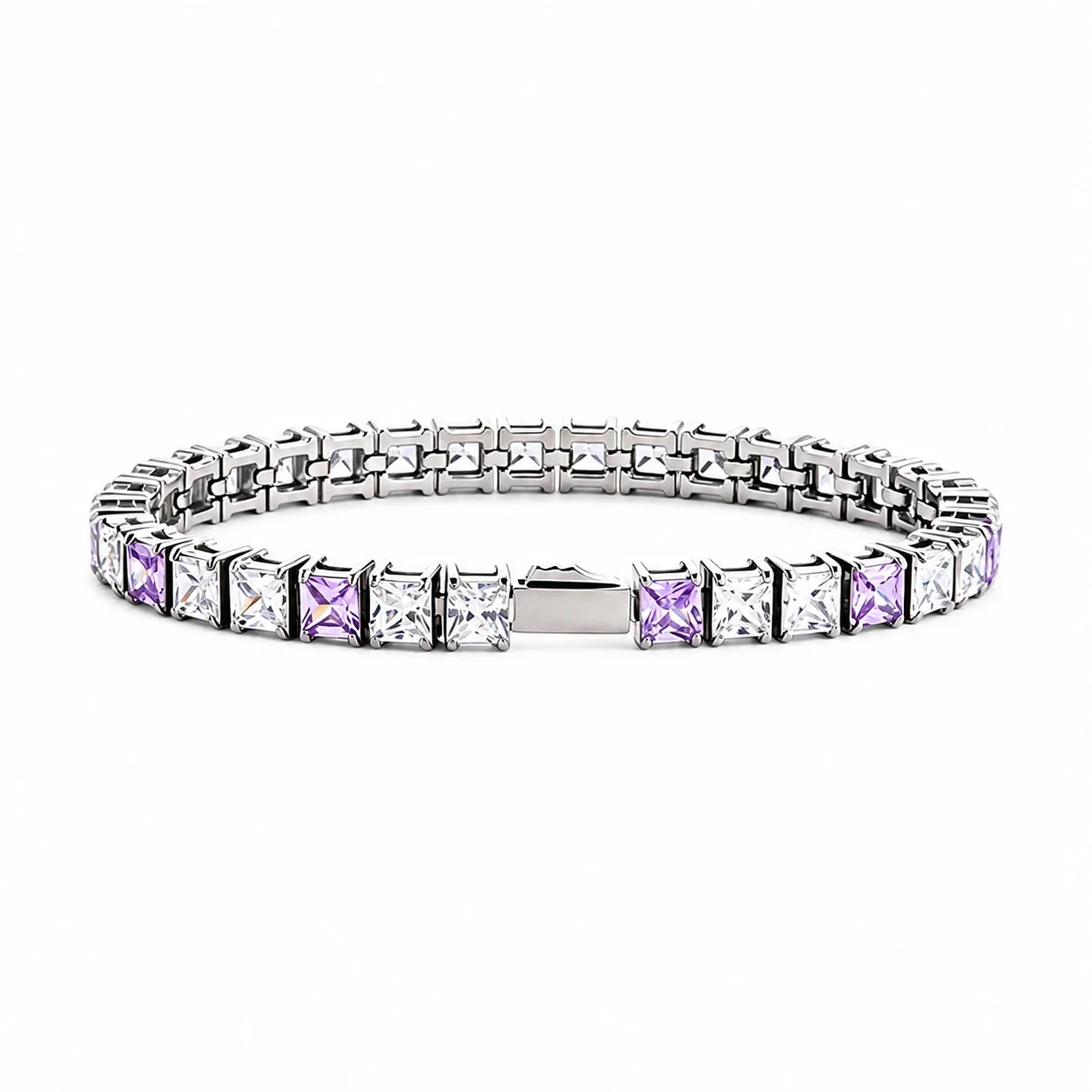 Polished 316 Stainless Steel Square CZ Tennis Bracelet