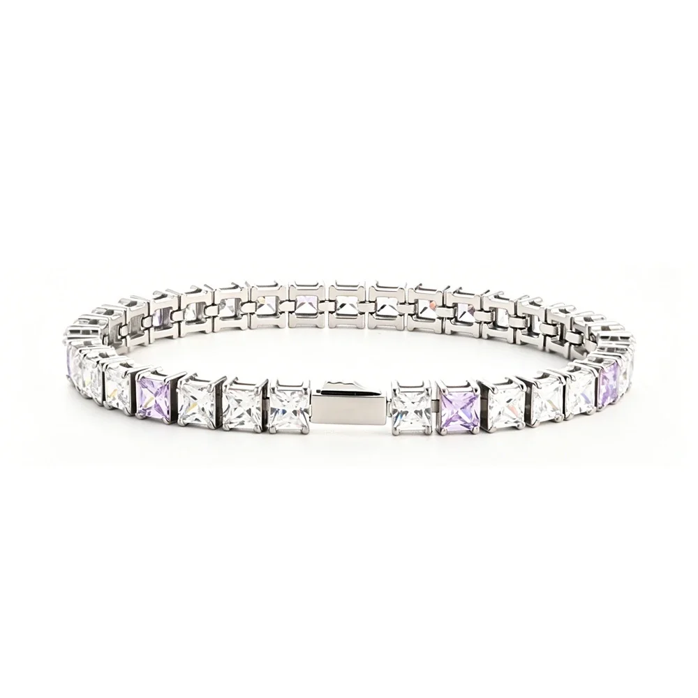 Polished 316 Stainless Steel Square CZ Tennis Bracelet - Silver mm Square White + Pale Lilac