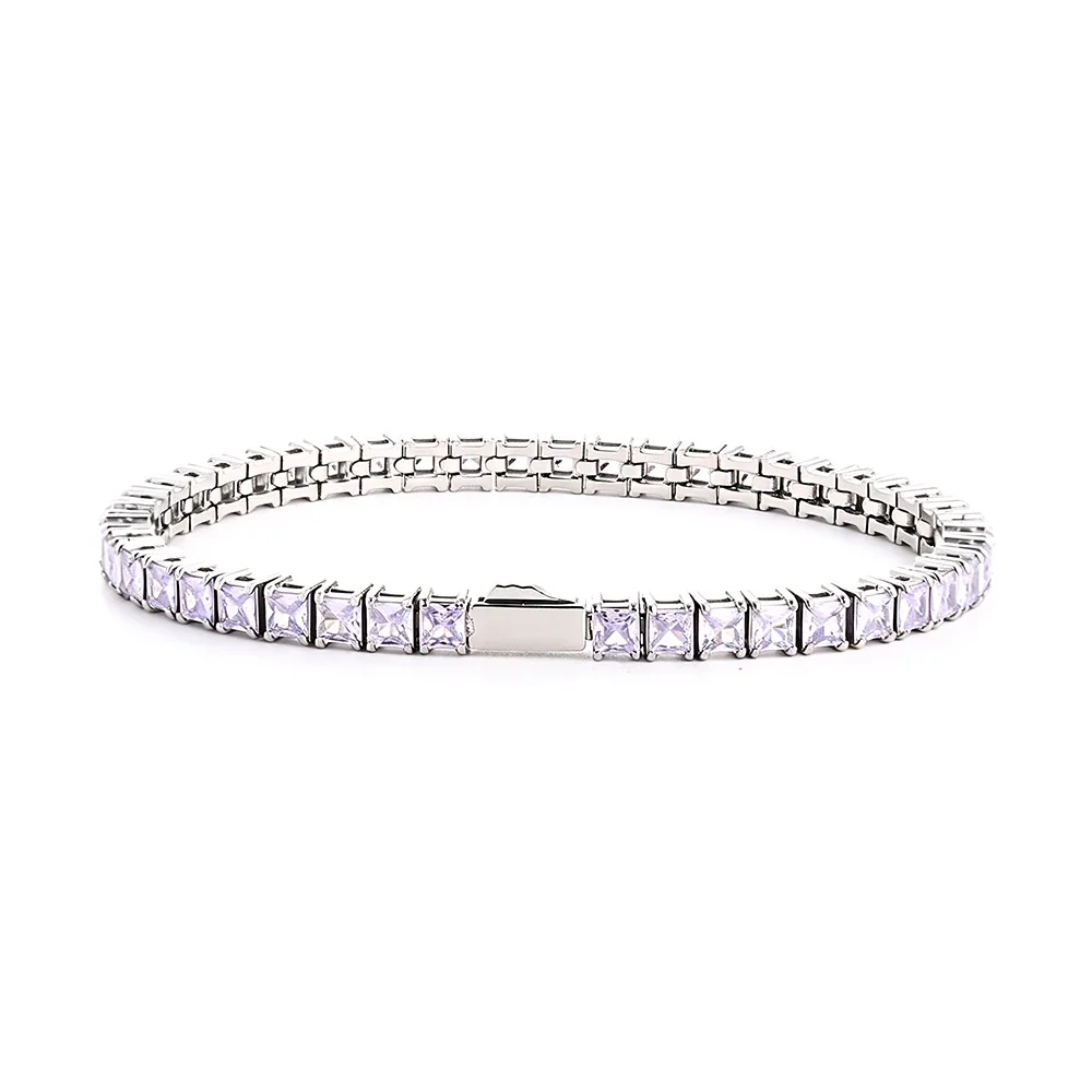 Polished 316 Stainless Steel Square CZ Tennis Bracelet - Silver mm Square Pale Lilac