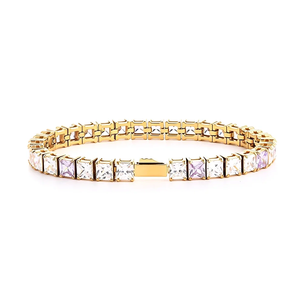 Polished 316 Stainless Steel Square CZ Tennis Bracelet - Gold mm Square White + Pale Lilac