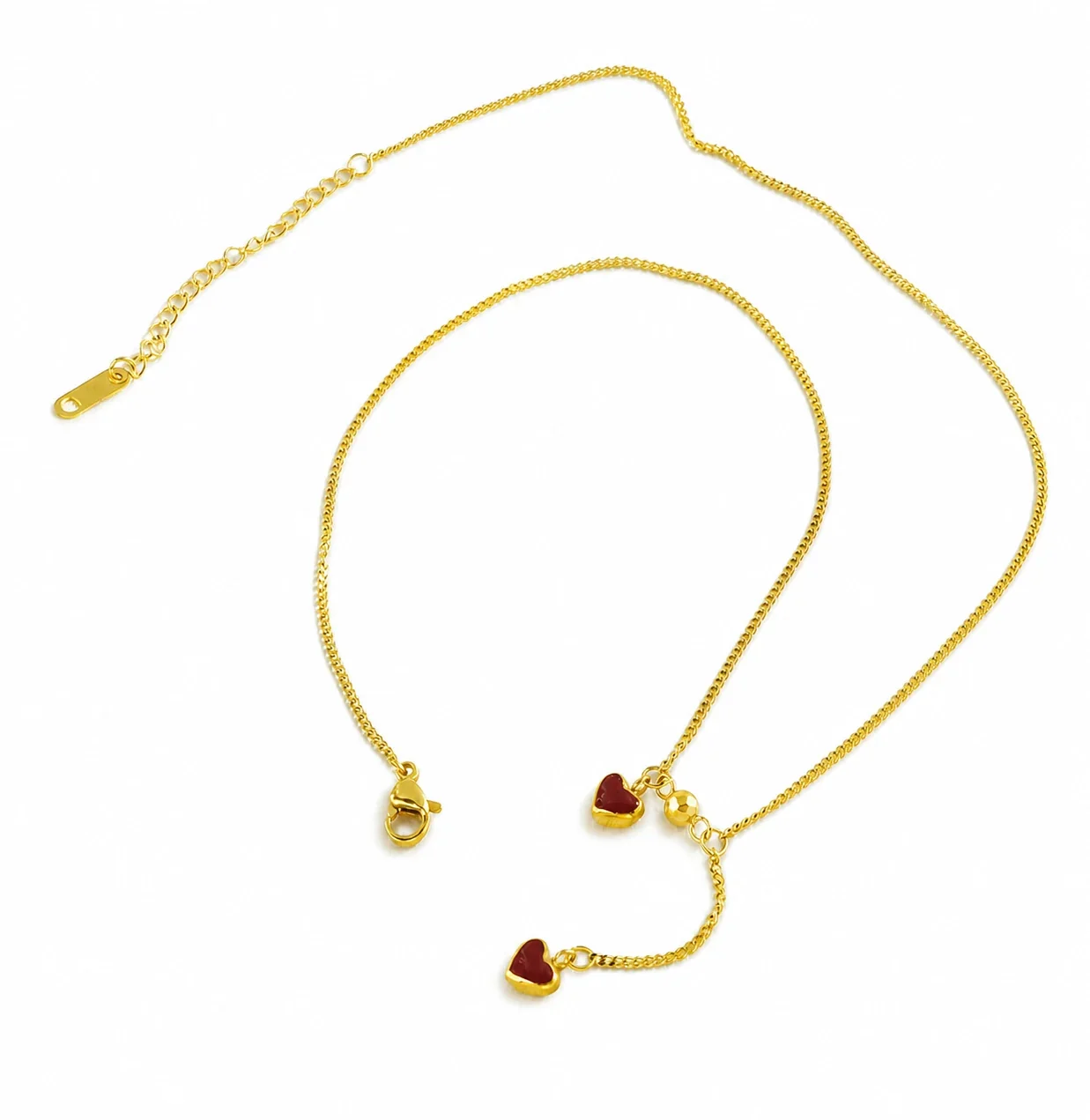 Romantic Gold-Plated Red Double Heart Lariat Necklace