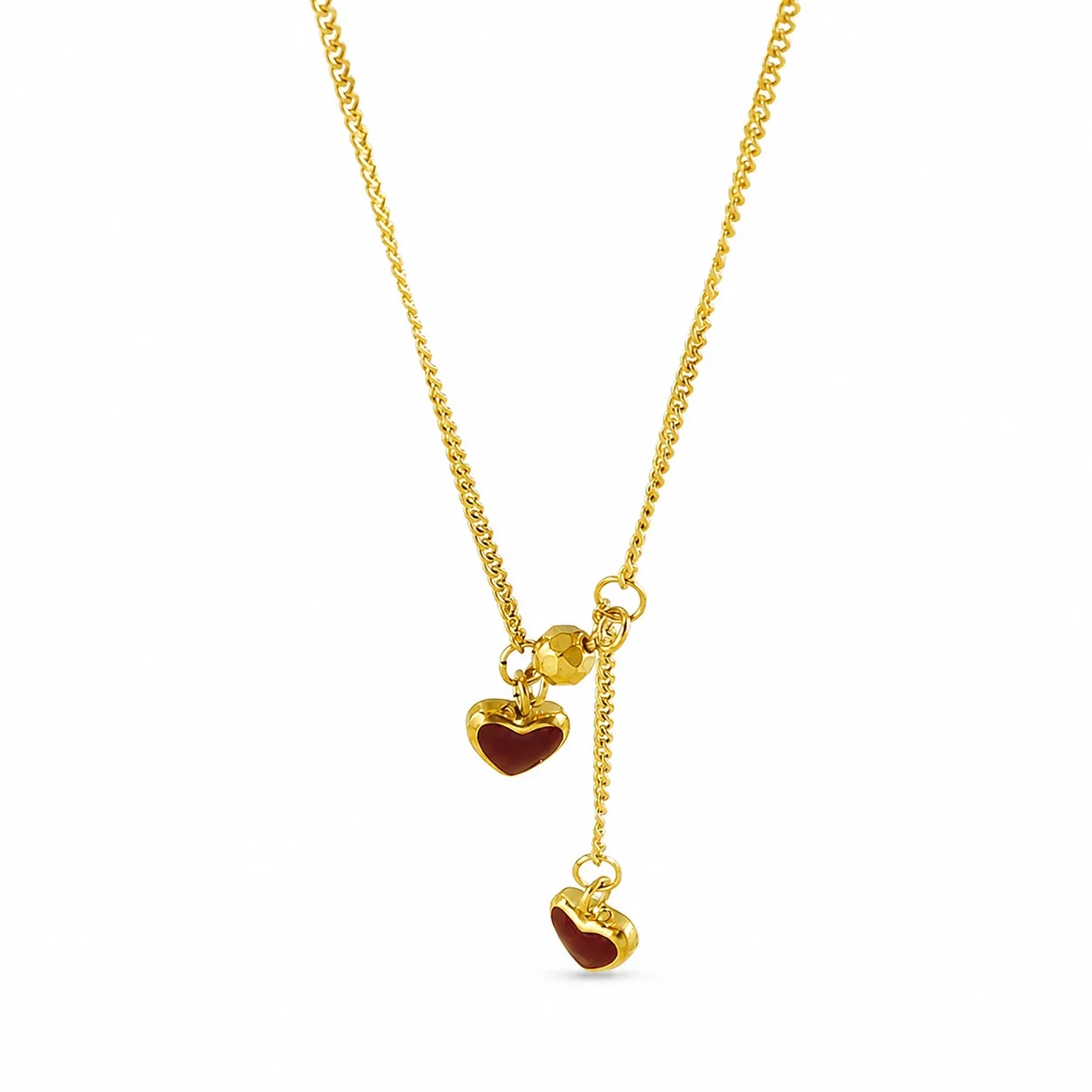 Romantic Gold-Plated Red Double Heart Lariat Necklace