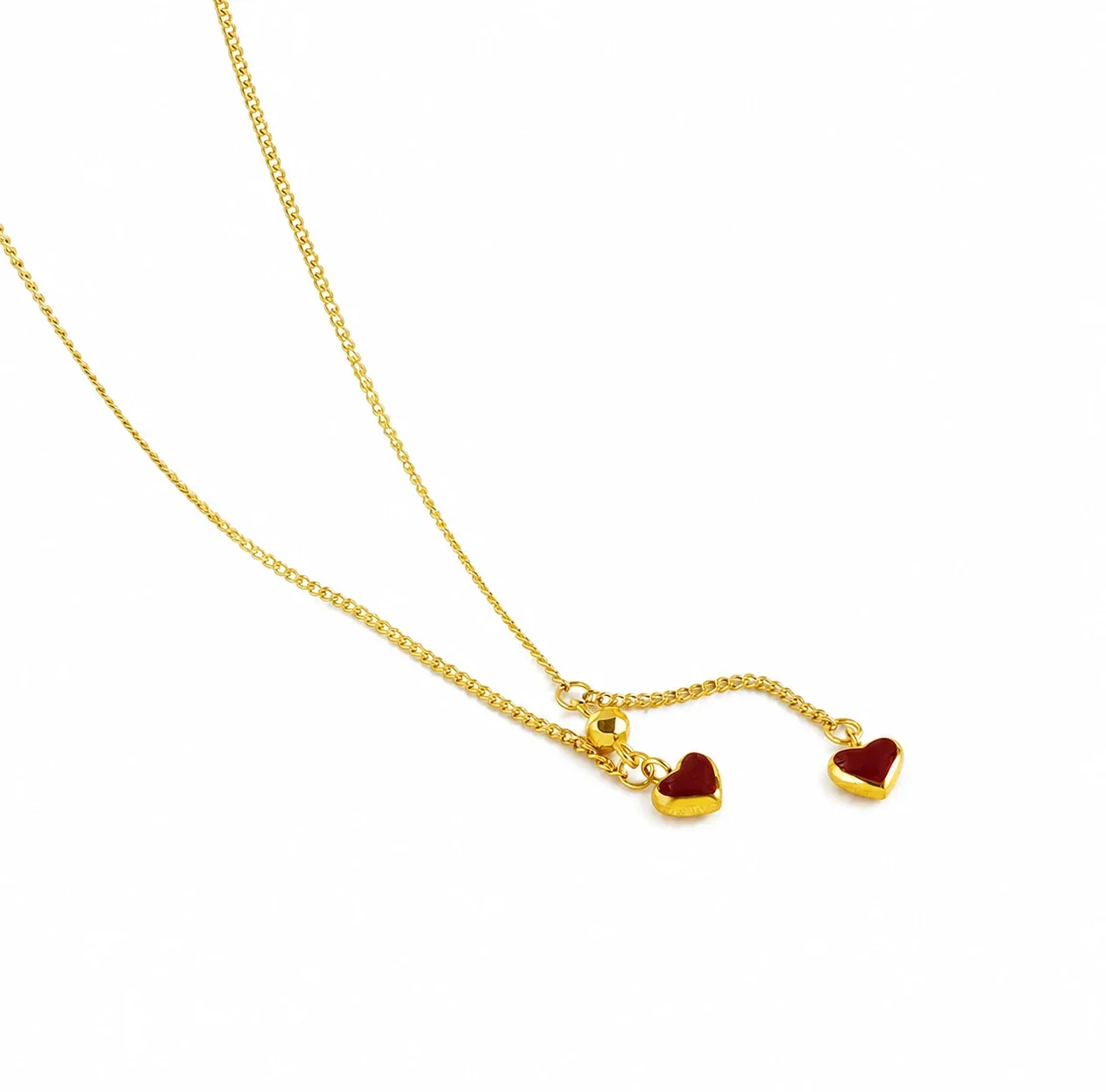 Romantic Gold-Plated Red Double Heart Lariat Necklace