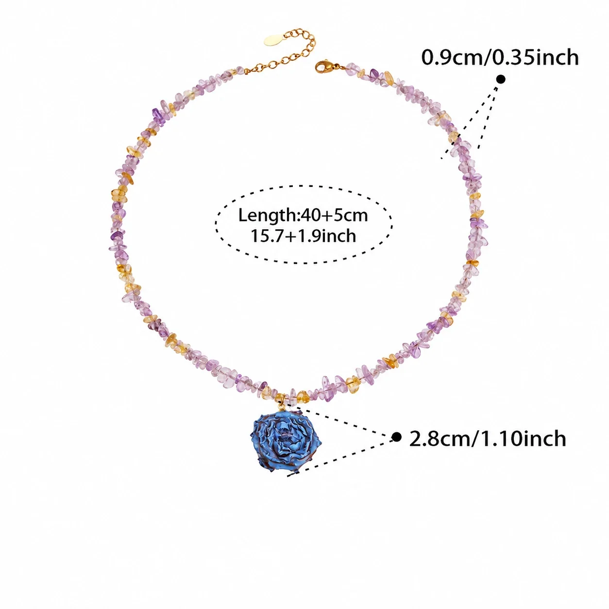 Pressed Rose 18K Gold-Plated 316L Bead Choker Necklace - Blue Resin Flower Single-Layer Crystal 40+5 cm