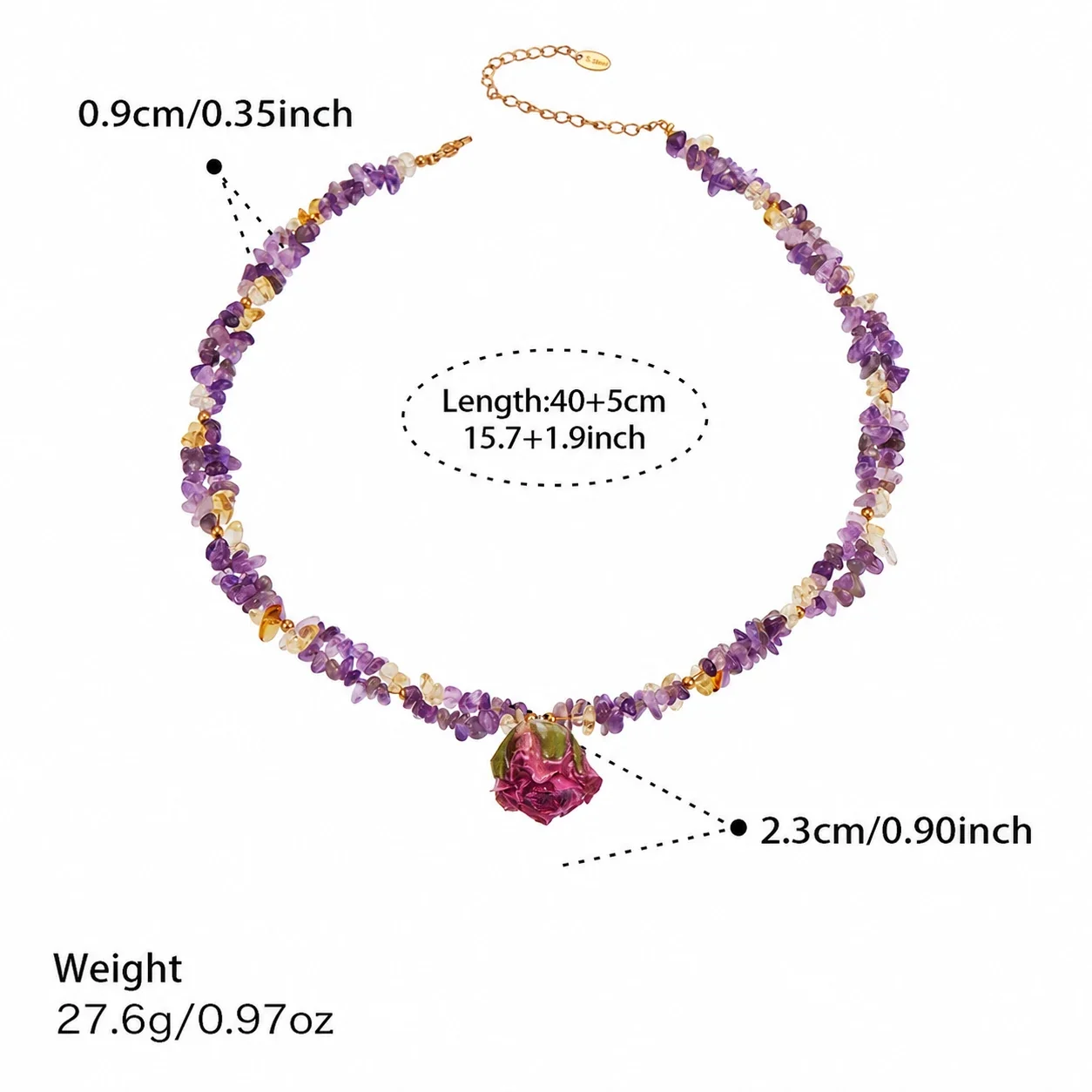 Pressed Rose 18K Gold-Plated 316L Bead Choker Necklace - Red Resin Flower Double-Layer Crystal 40+5 cm