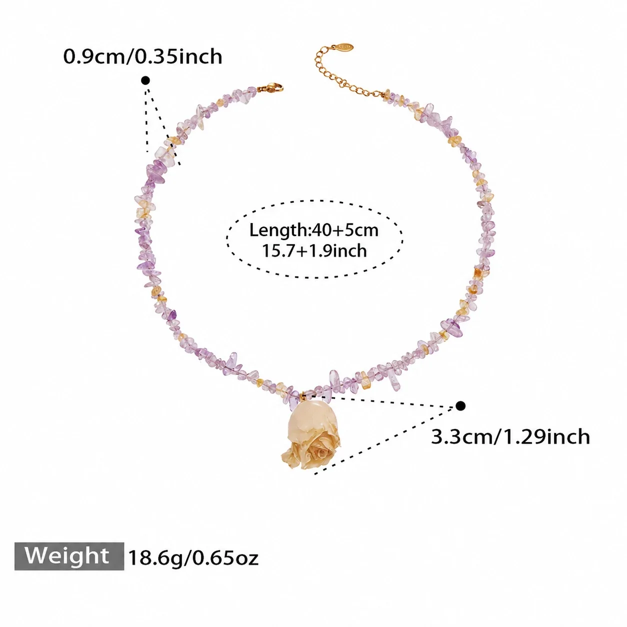 Pressed Rose 18K Gold-Plated 316L Bead Choker Necklace - White Resin Flower Single-Layer Crystal 40+5 cm