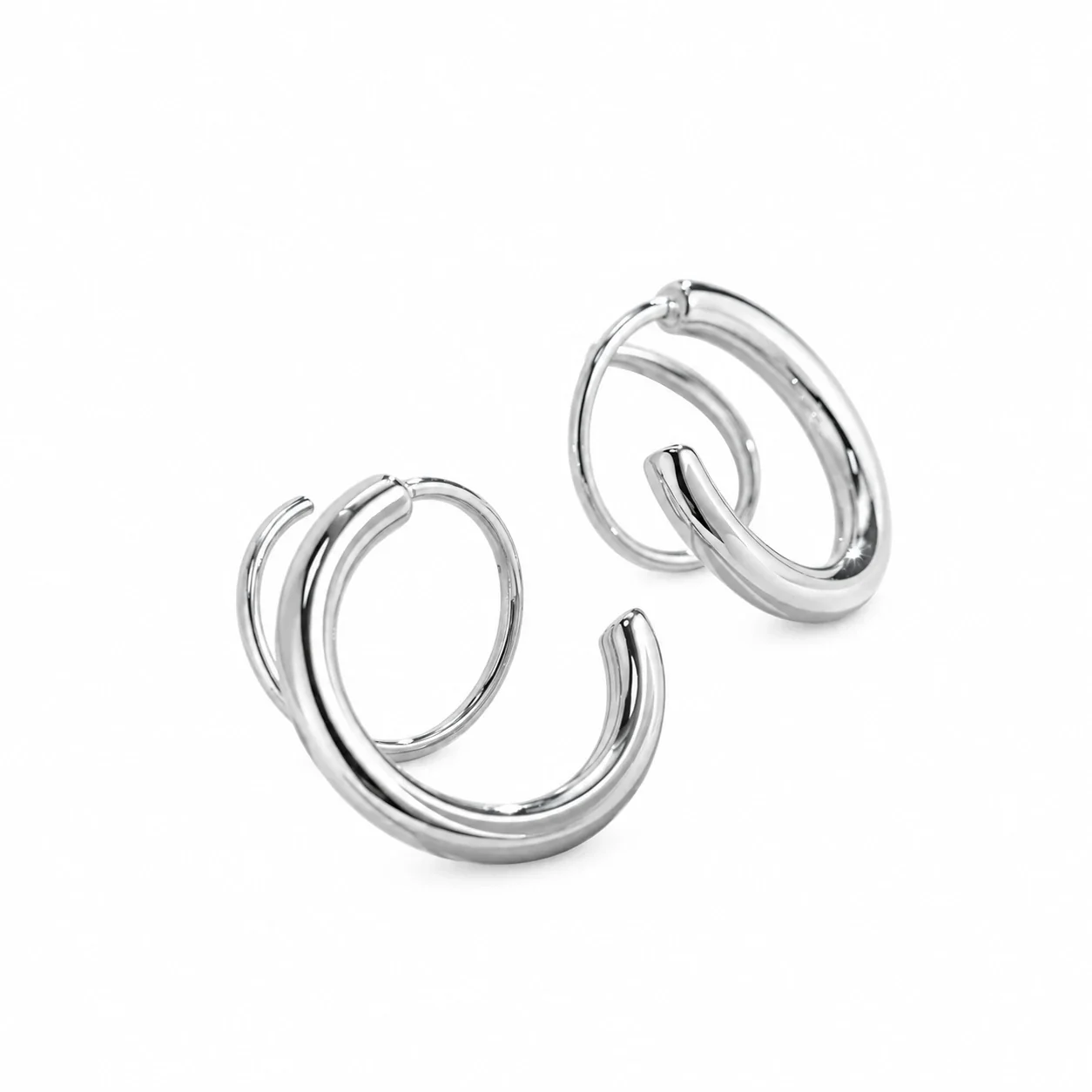 Double Hoop Stud Earrings, 12 mm Tubular Stainless Steel - Silver