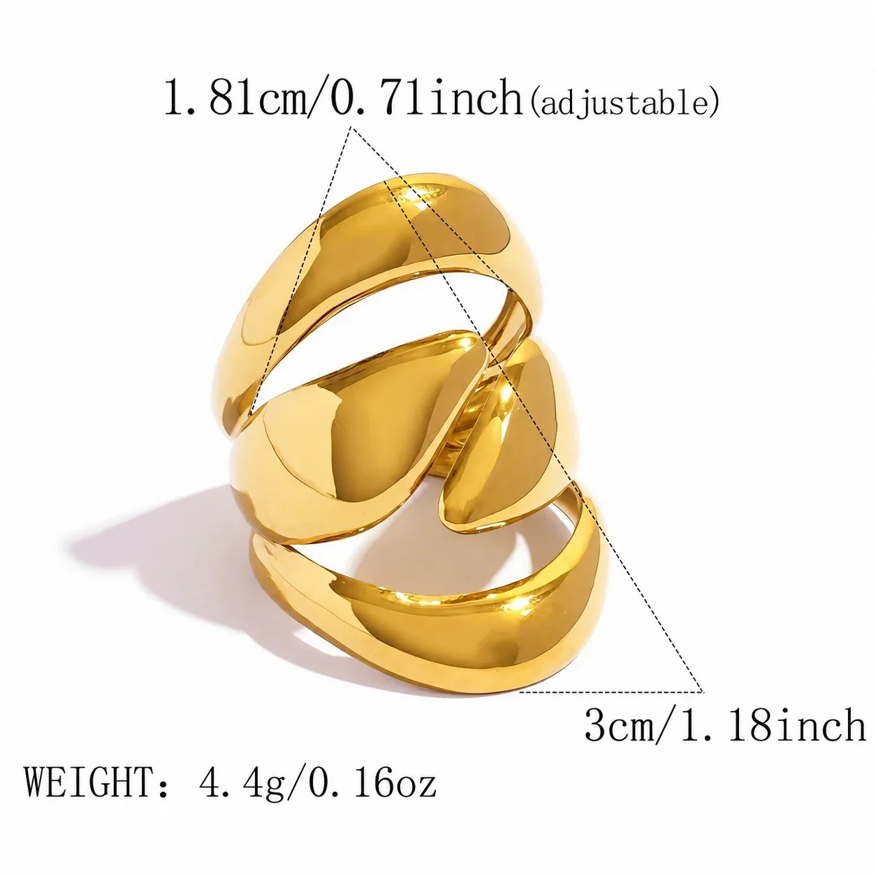 Verstelbare ring met brede open schakels van roestvrij staal met gouden PVD productfoto