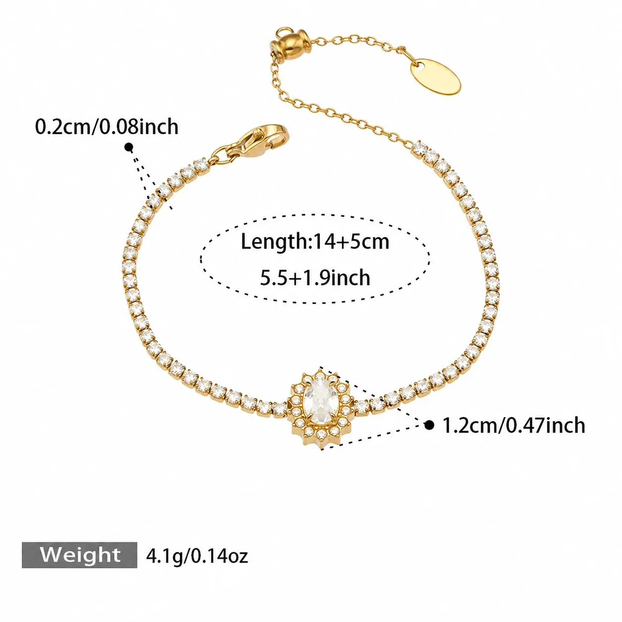 Radiant Gold-Plated 316L Crystal Tennis Jewelry Set - Gold Oval CZ 14+5 cm