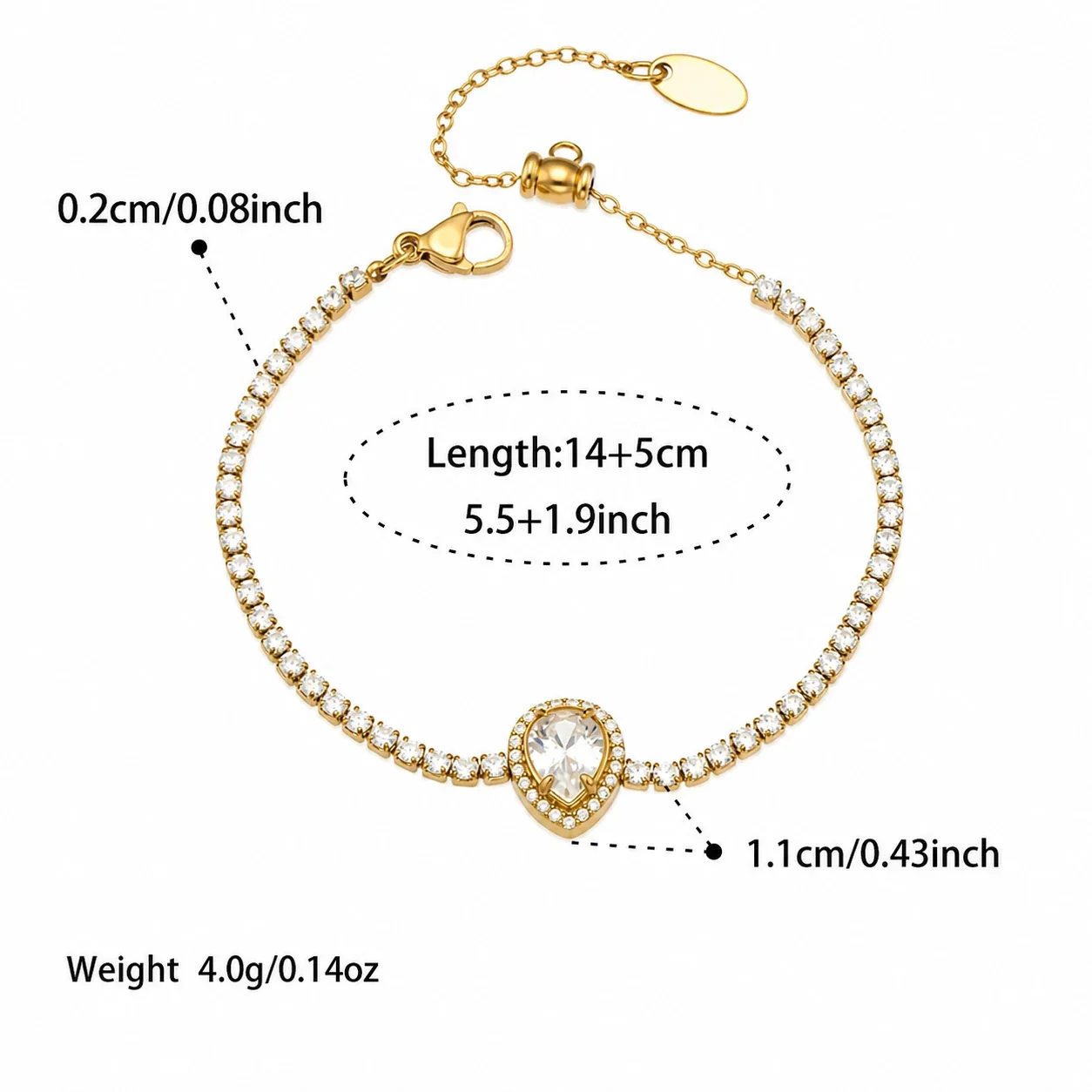 Radiant Gold-Plated 316L Crystal Tennis Jewelry Set - Gold Teardrop CZ 14+5 cm