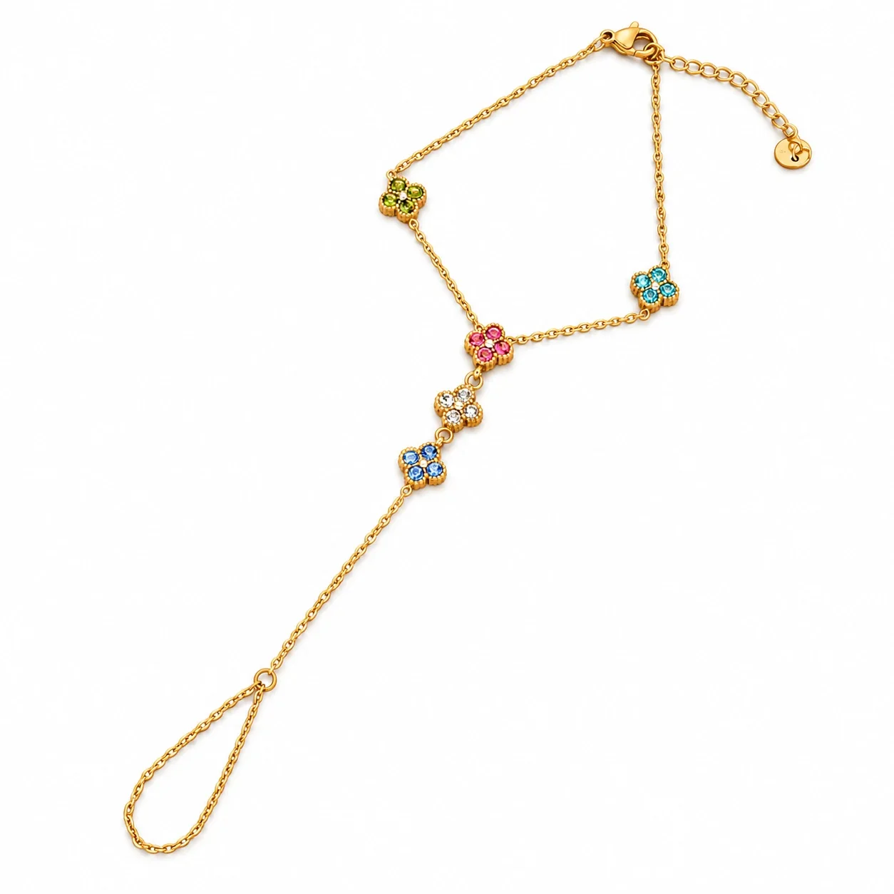 Foto del producto: Pulsera cadena para mano con cinco motivos de trébol de cristal, acero chapado en oro
