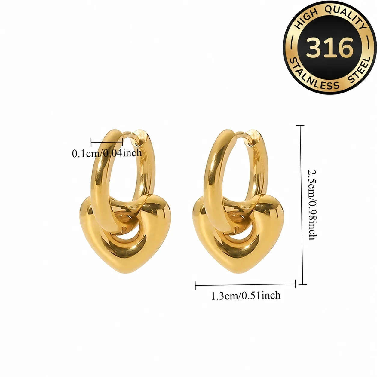 Polished 316 Stainless Steel Heart Hoop Earrings