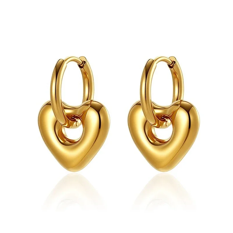 Polished 316 Stainless Steel Heart Hoop Earrings - Gold Heart Drop