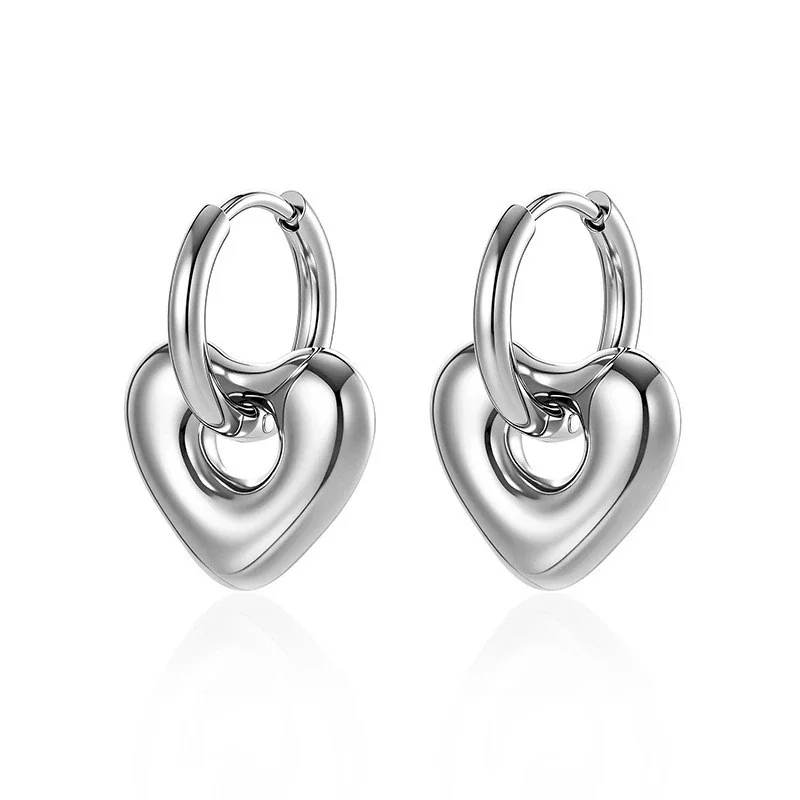 Polished 316 Stainless Steel Heart Hoop Earrings - Silver Heart Drop