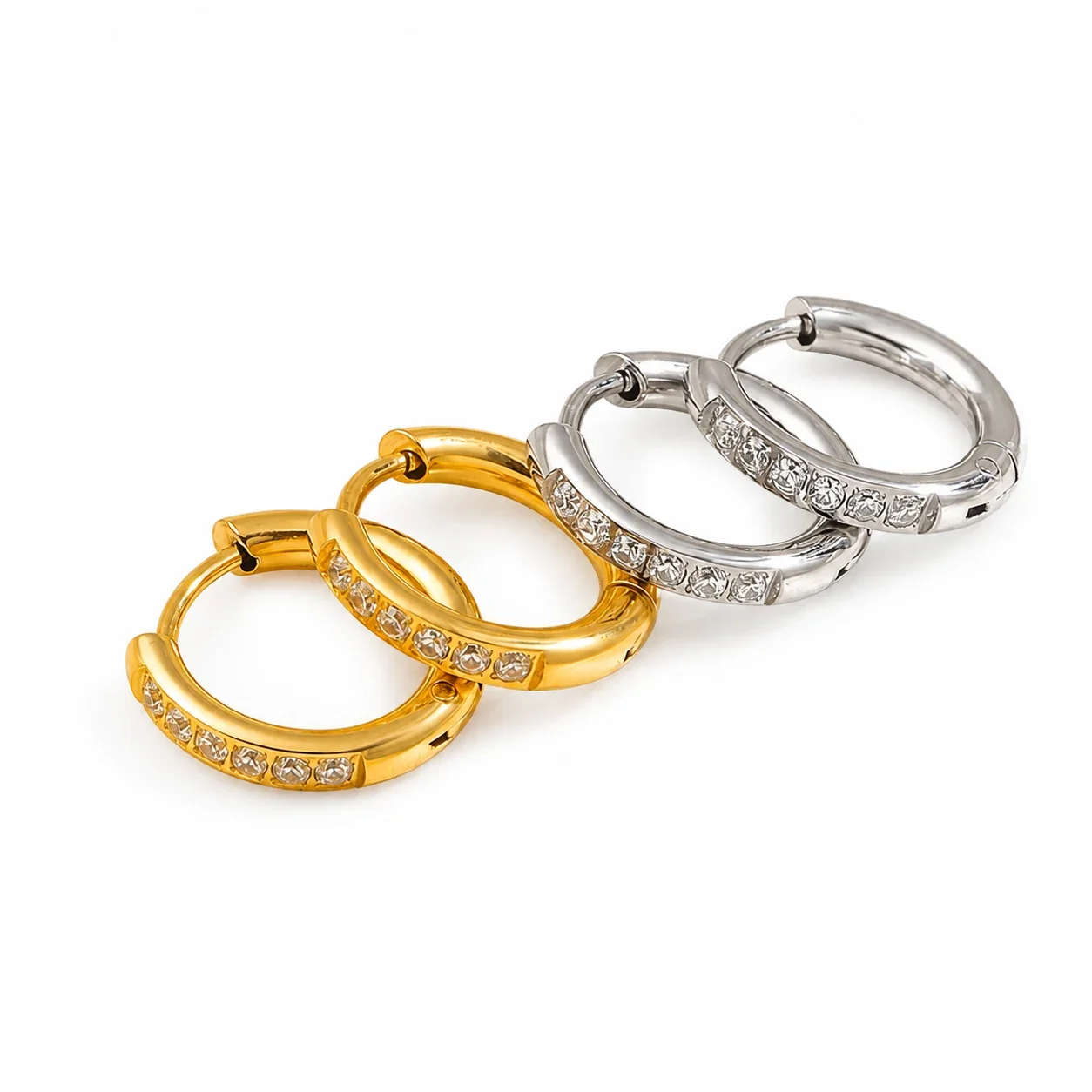 Polished Stainless Steel Six-Stone Huggie Hoop Earrings