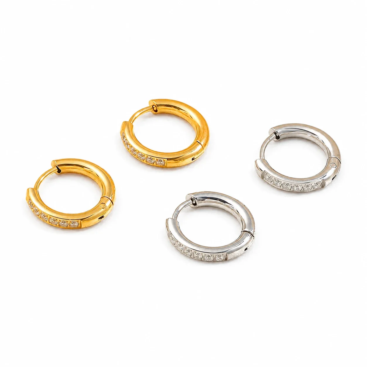 Polished Stainless Steel Six-Stone Huggie Hoop Earrings