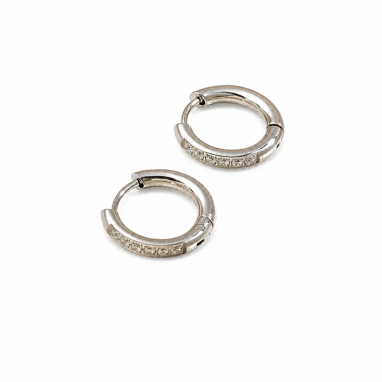 Polished Stainless Steel Six-Stone Huggie Hoop Earrings