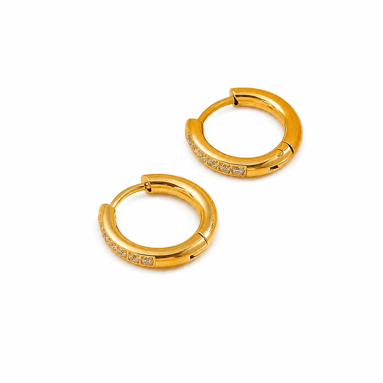 Polished Stainless Steel Six-Stone Huggie Hoop Earrings - Gold