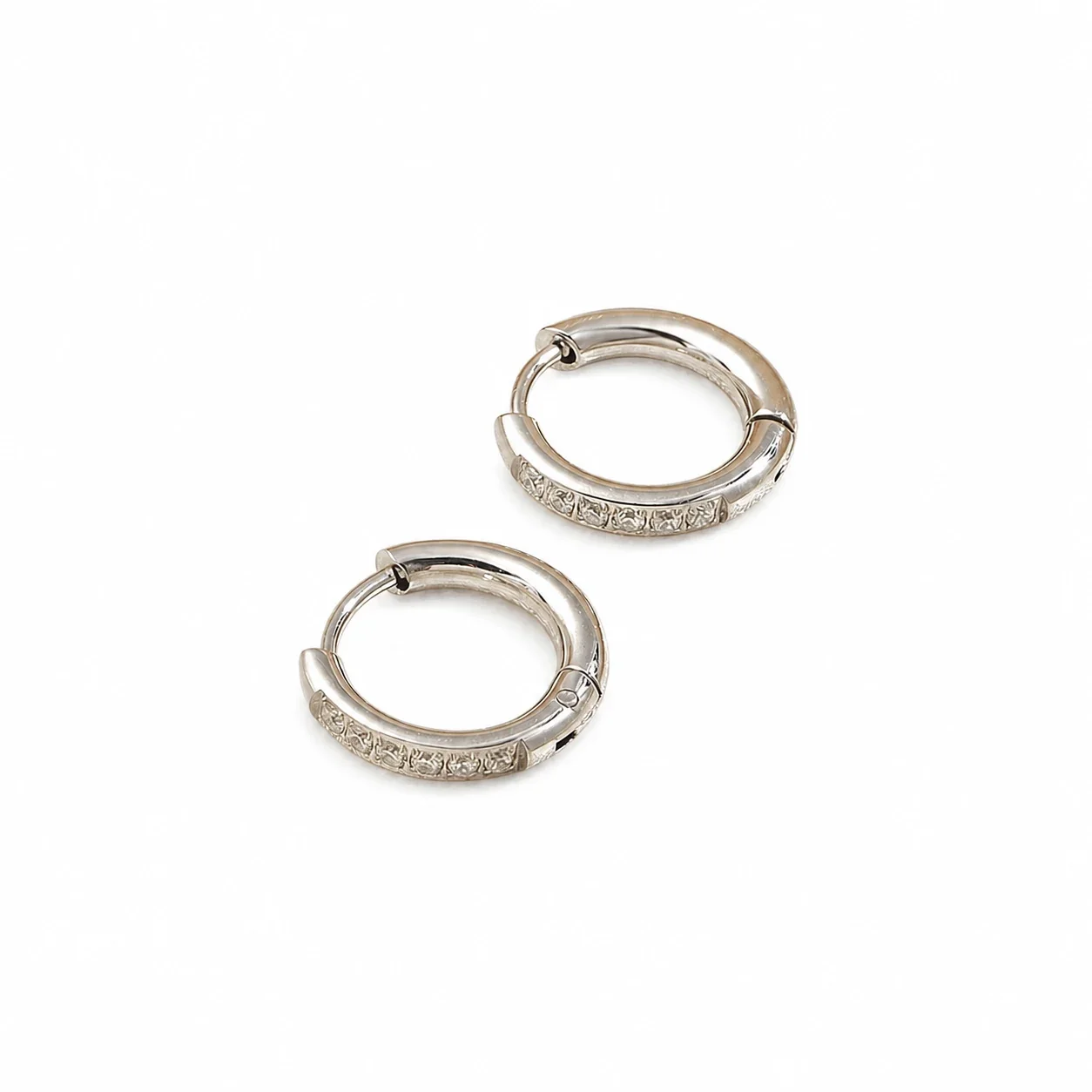 Polished Stainless Steel Six-Stone Huggie Hoop Earrings - Silver