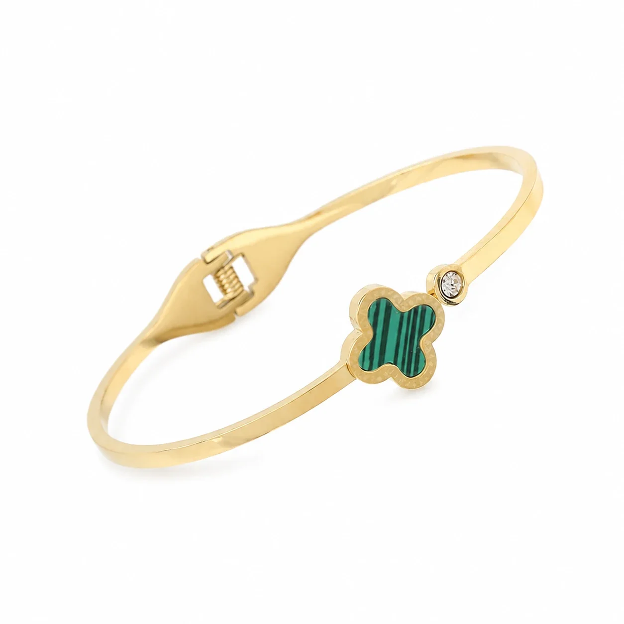 Polished Gold PVD Clover Motif Bangle with Crystal