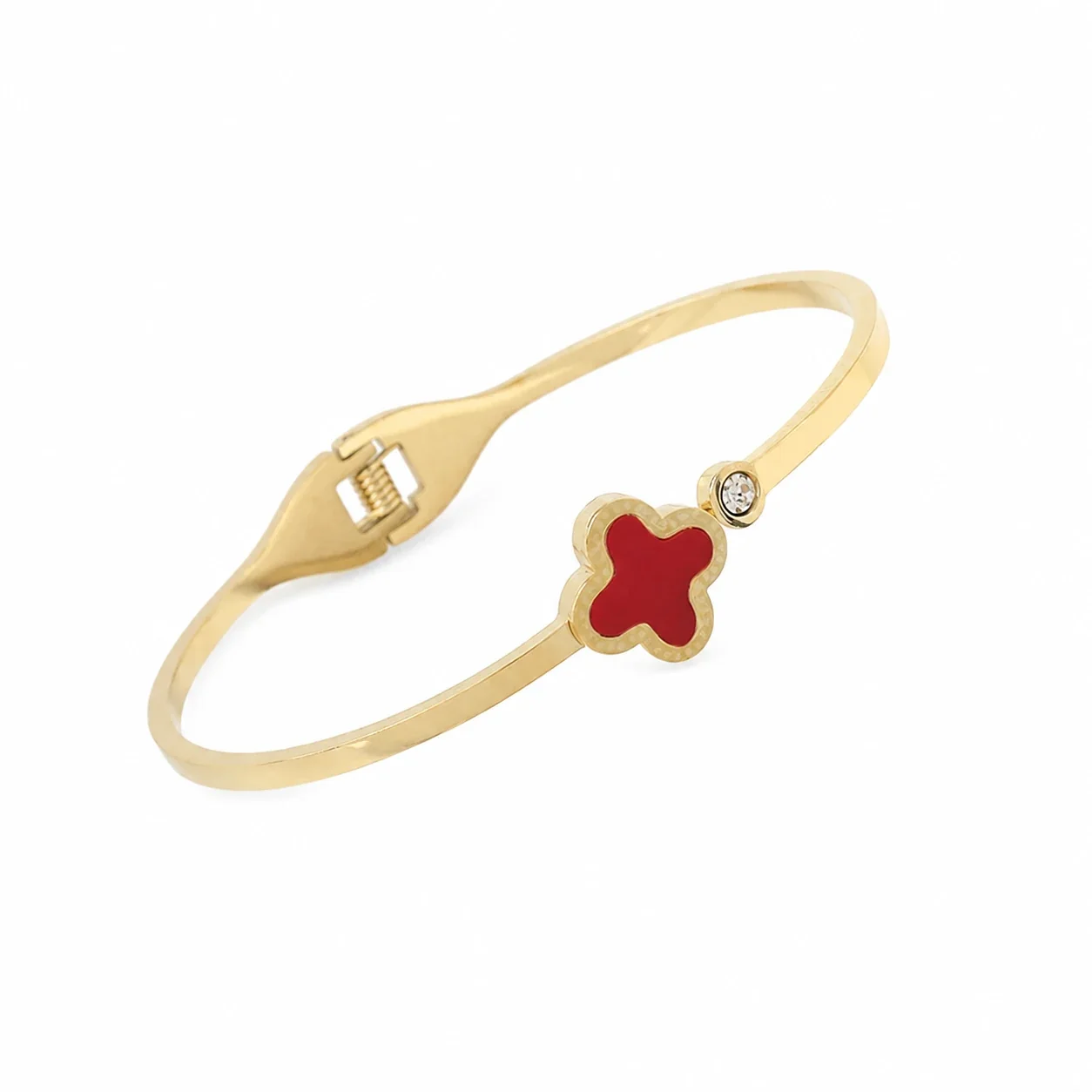 Polished Gold PVD Clover Motif Bangle with Crystal