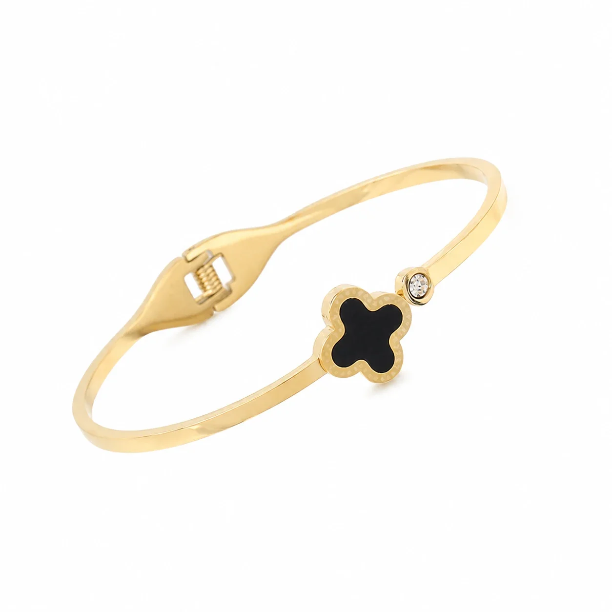 Polished Gold PVD Clover Motif Bangle with Crystal