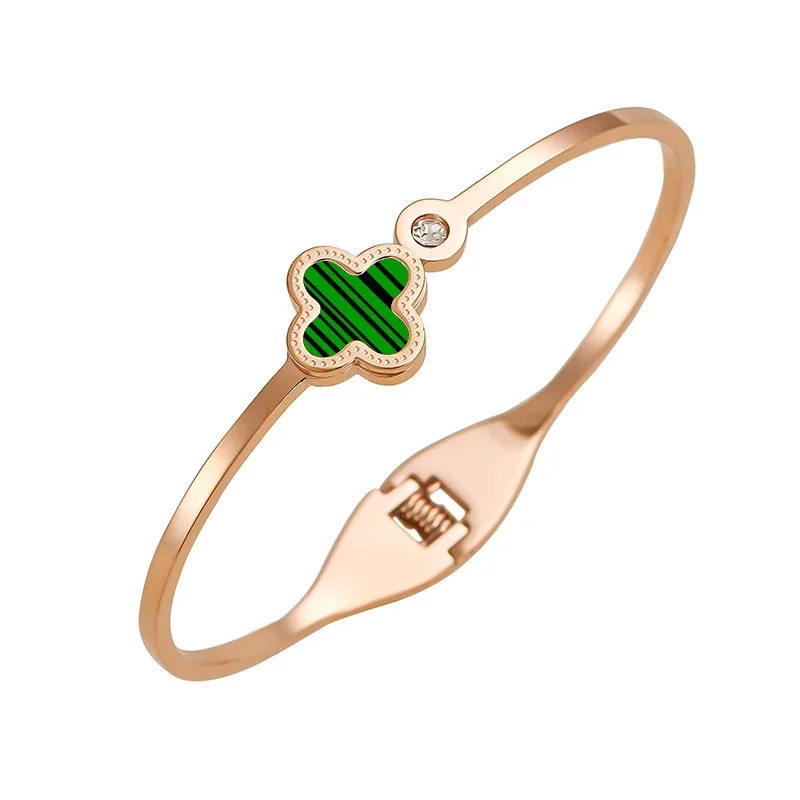 Polished Gold PVD Clover Motif Bangle with Crystal