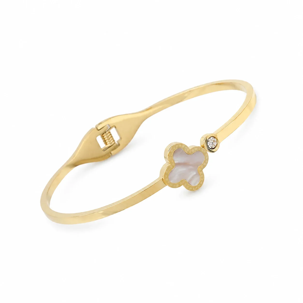 Polished Gold PVD Clover Motif Bangle with Crystal - Gold White Shell Clover