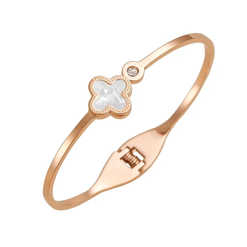 Polished Gold PVD Clover Motif Bangle with Crystal - Rose Gold Off White Clover