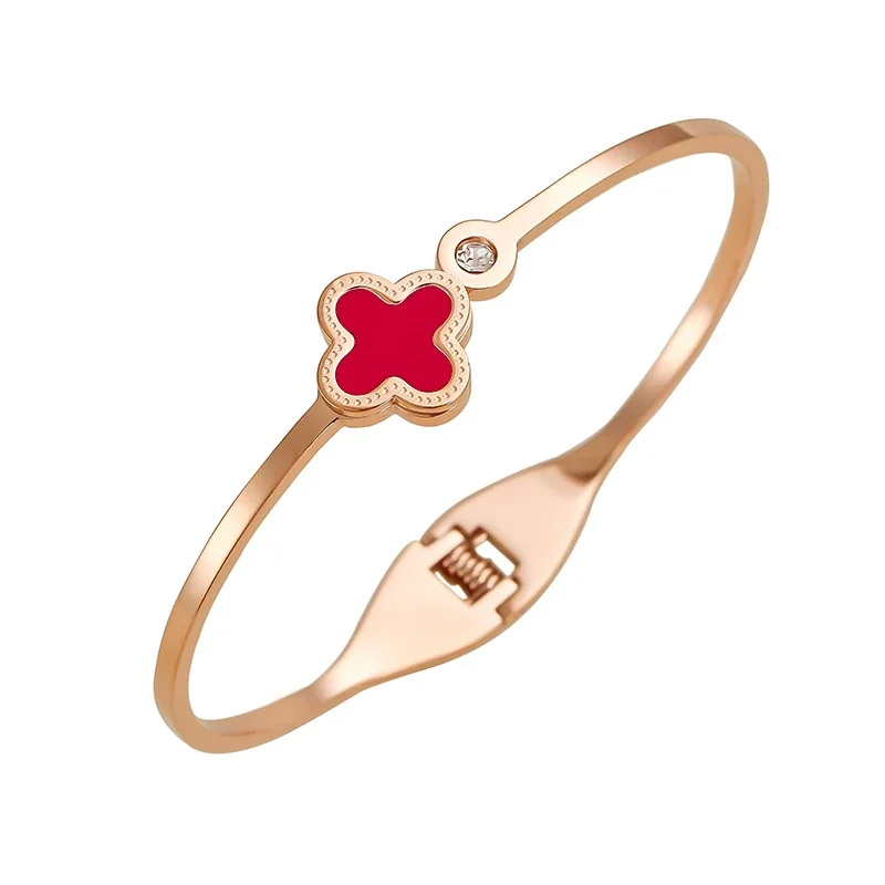 Polished Gold PVD Clover Motif Bangle with Crystal - Rose Gold Red Clover