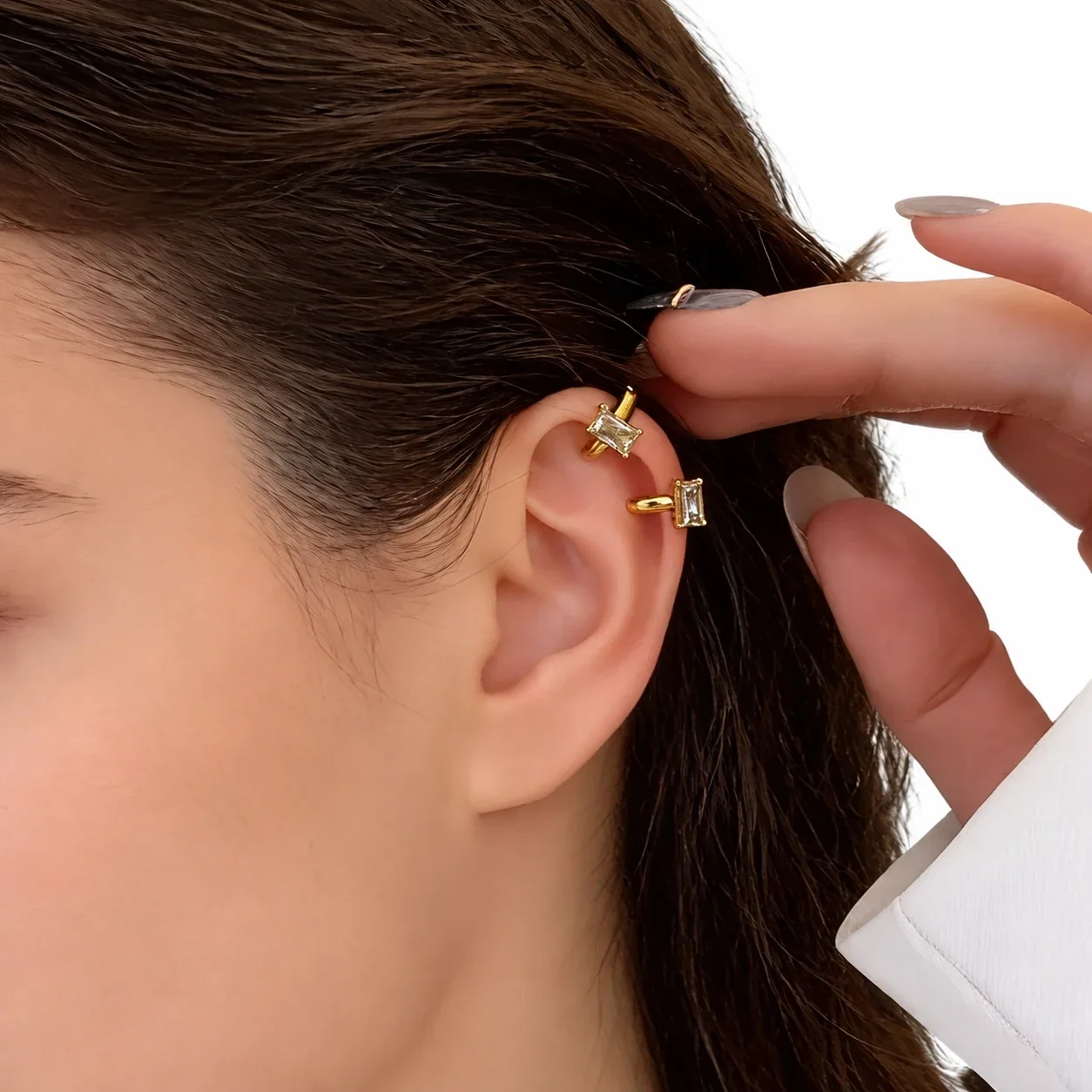 Ear Cuffs with Baguette CZ and 18K Gold-Plated Hoops