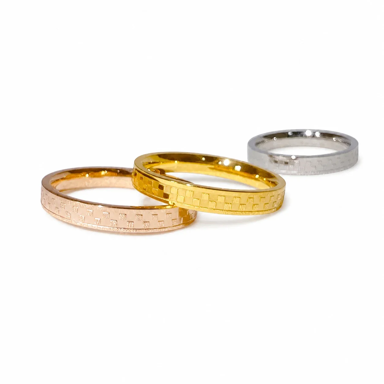 Geometric Stainless Steel Checkerboard Slim Band Ring