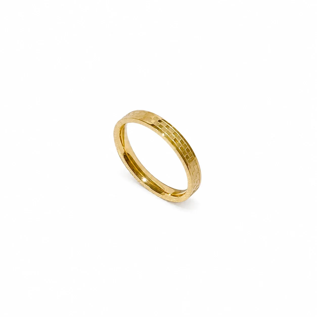 Geometric Stainless Steel Checkerboard Slim Band Ring - Gold