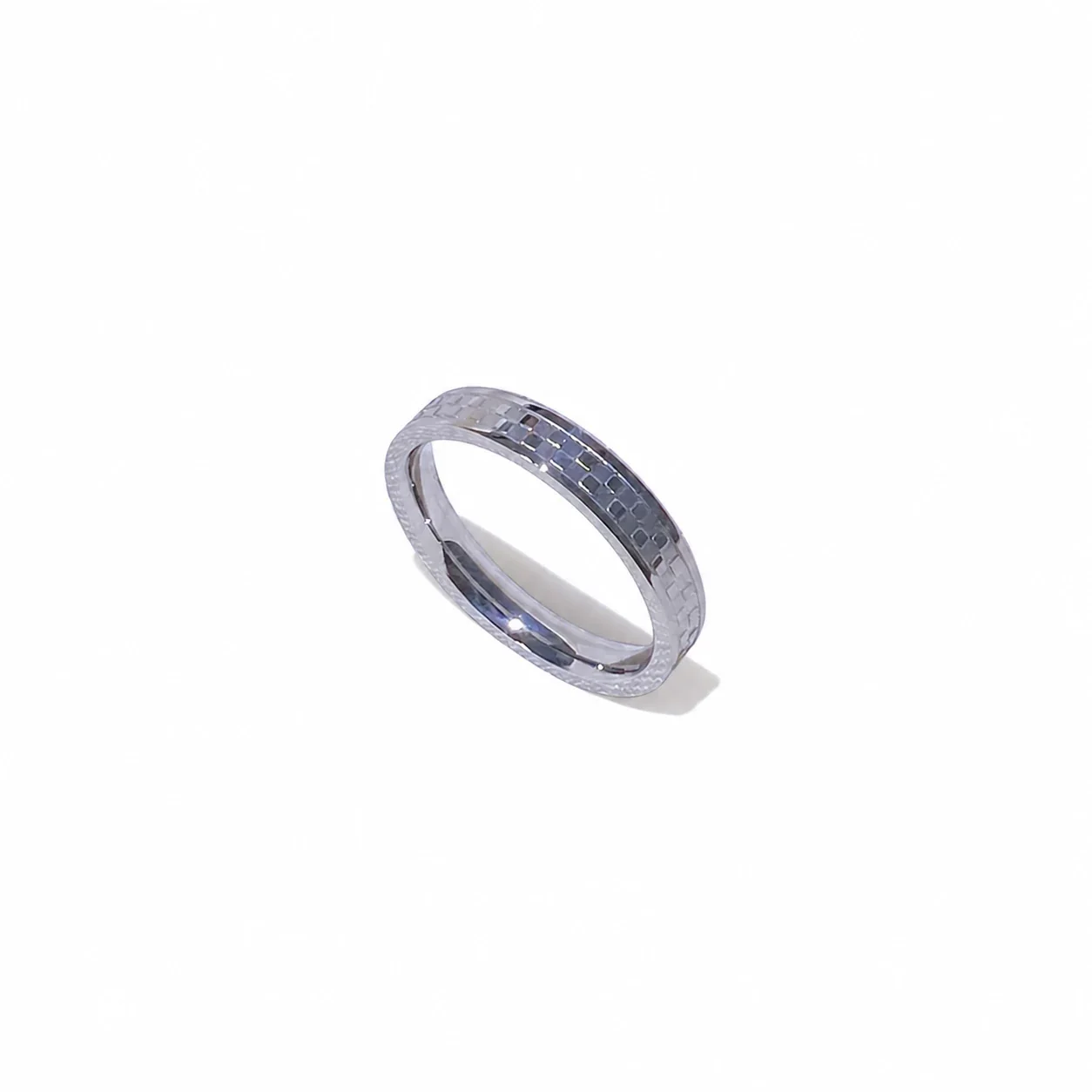 Geometric Stainless Steel Checkerboard Slim Band Ring - Silver