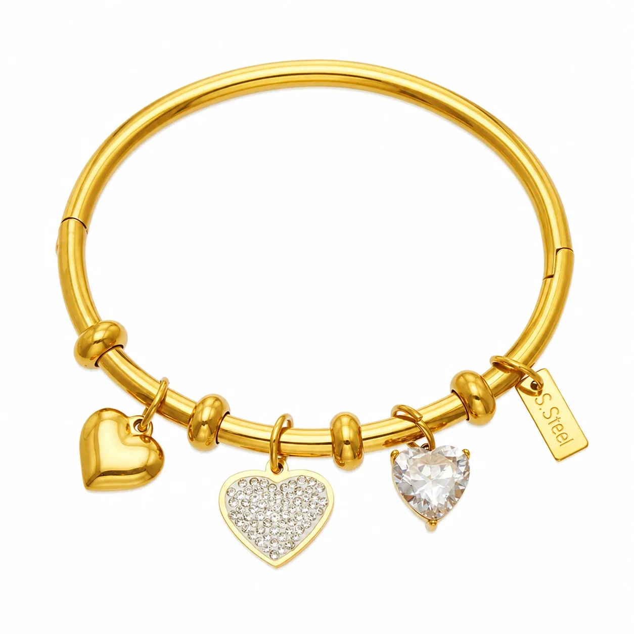 Radiant 316L Stainless Steel Heart Charm PVD Bangle Bracelet