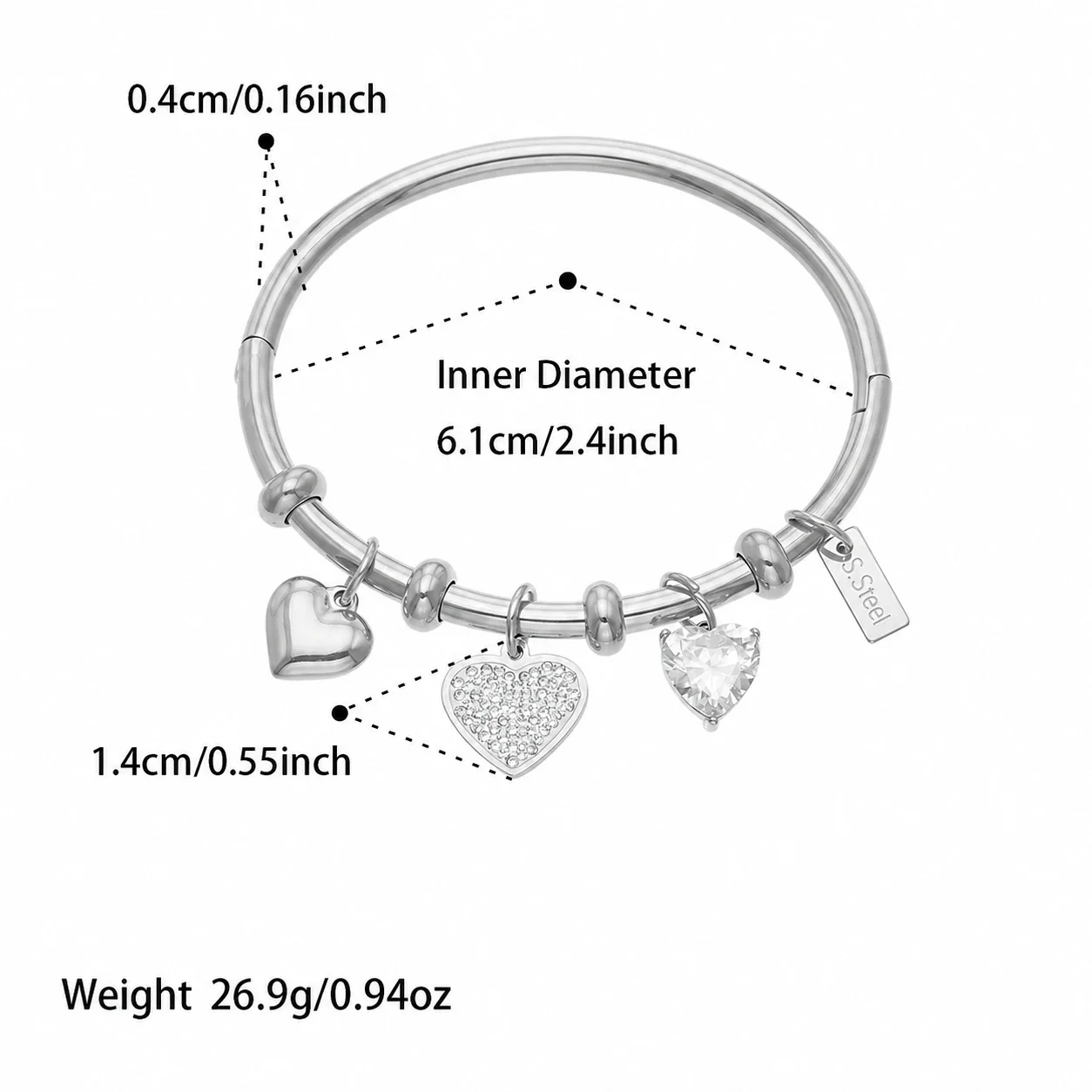 Radiant 316L Heart Charm PVD Bangle Bracelet - Silver Heart CZ
