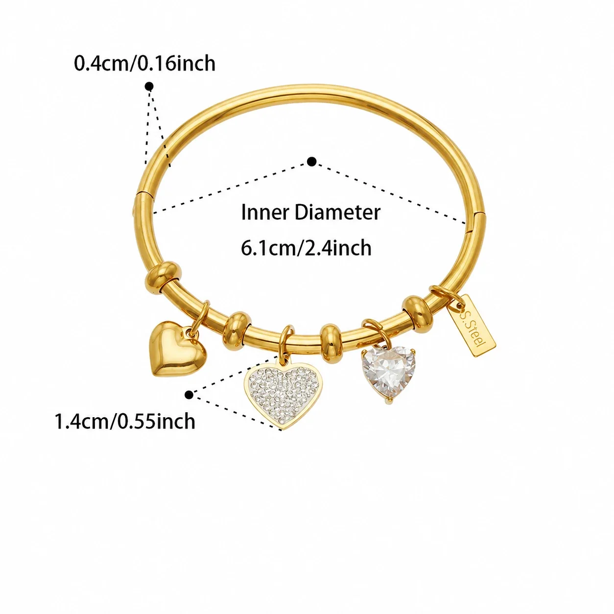 Radiant 316L Heart Charm PVD Bangle Bracelet - Gold Heart CZ