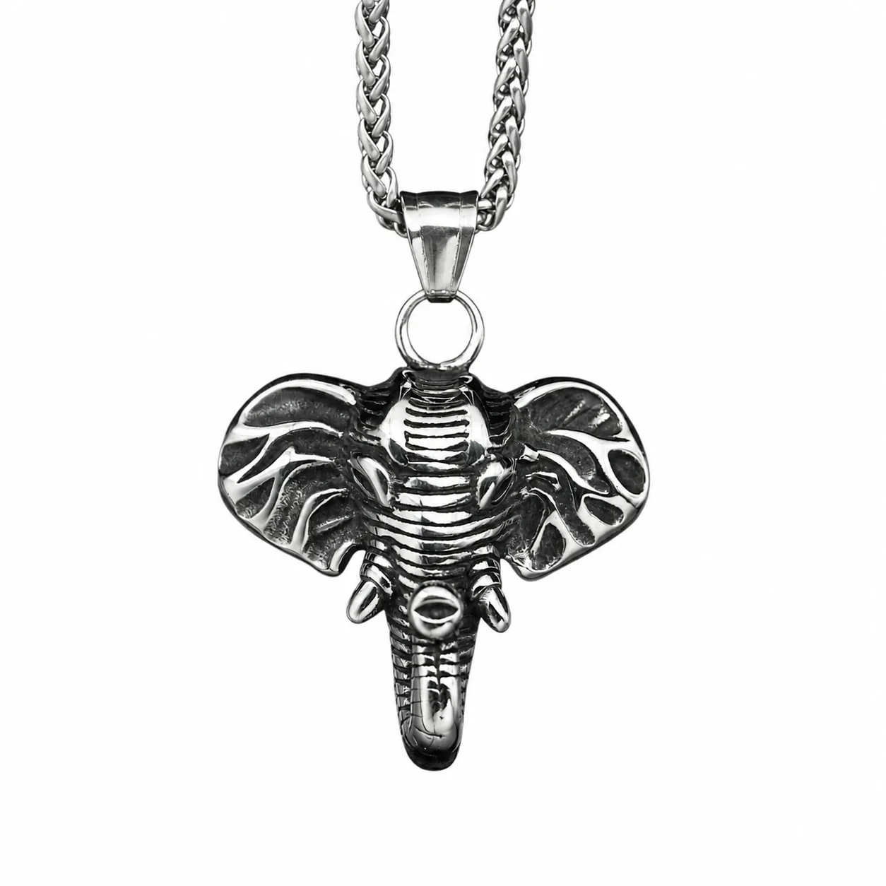 Oxidized Stainless Steel Elephant Head Ribbed Pendant