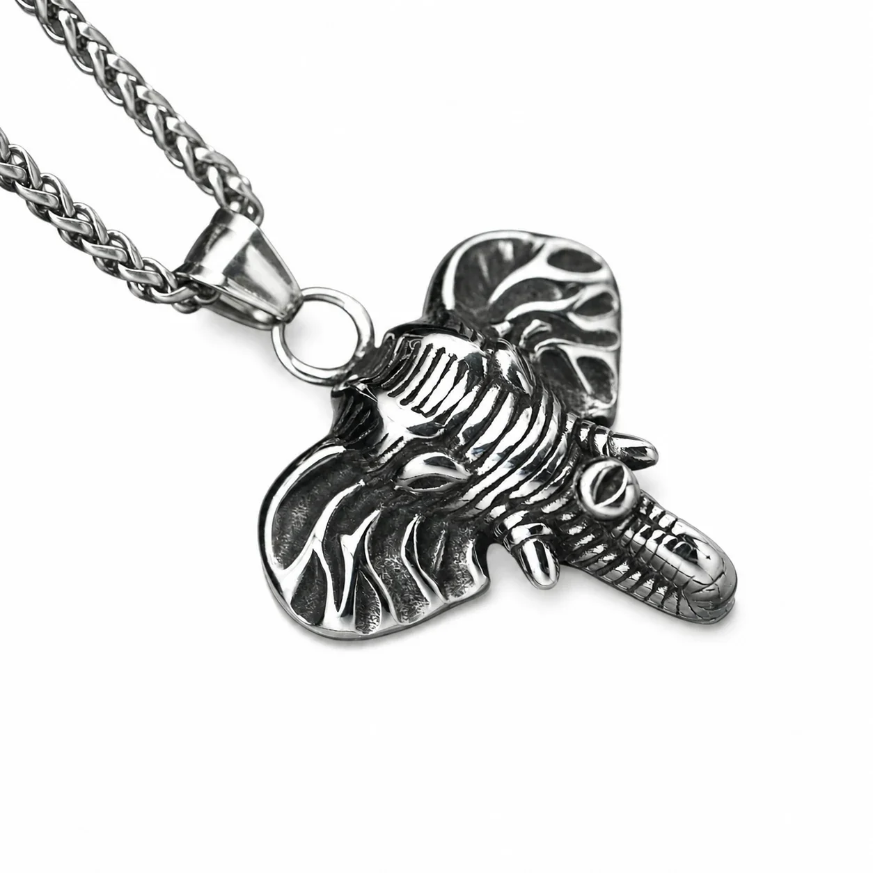 Oxidized Stainless Steel Elephant Head Ribbed Pendant
