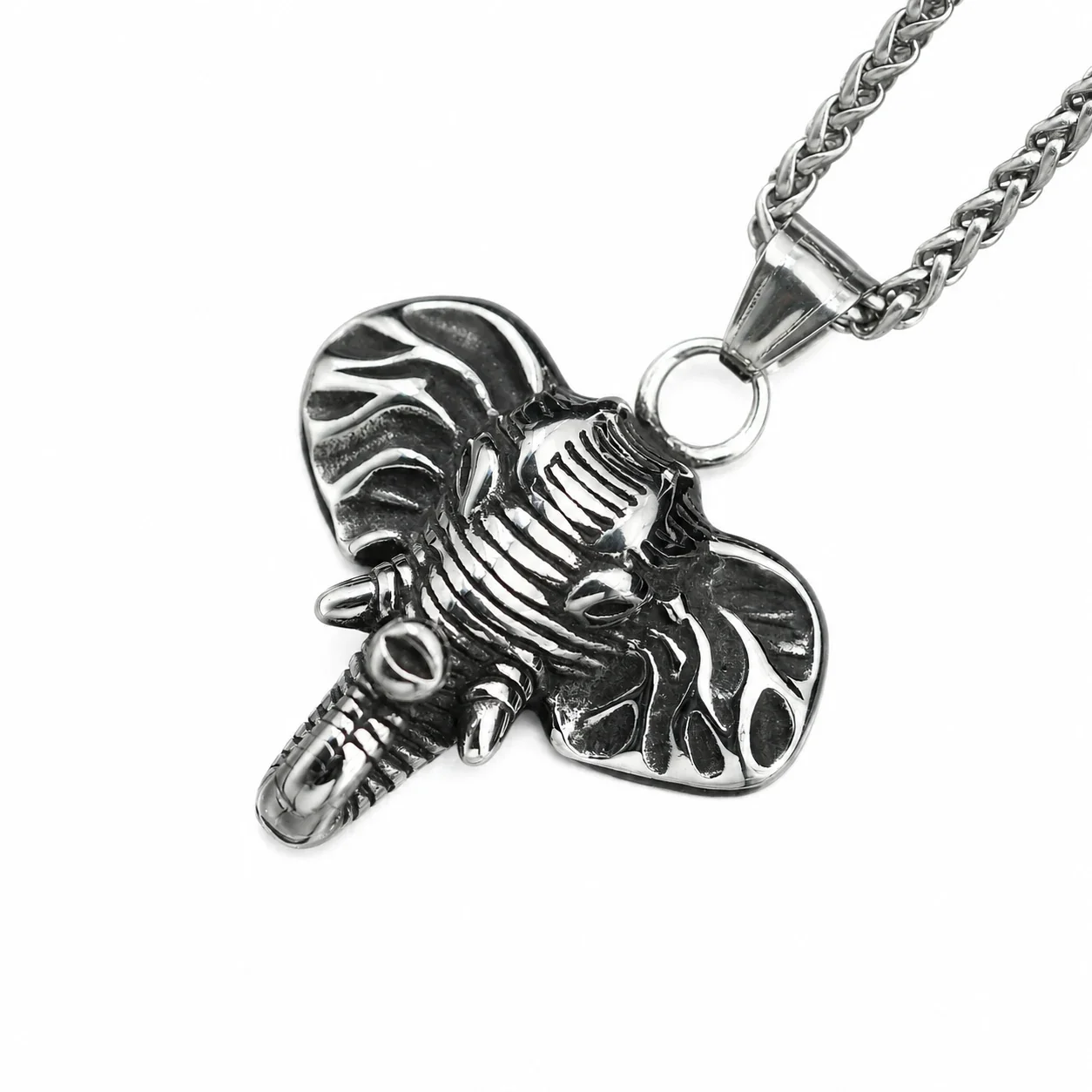 Oxidized Stainless Steel Elephant Head Ribbed Pendant