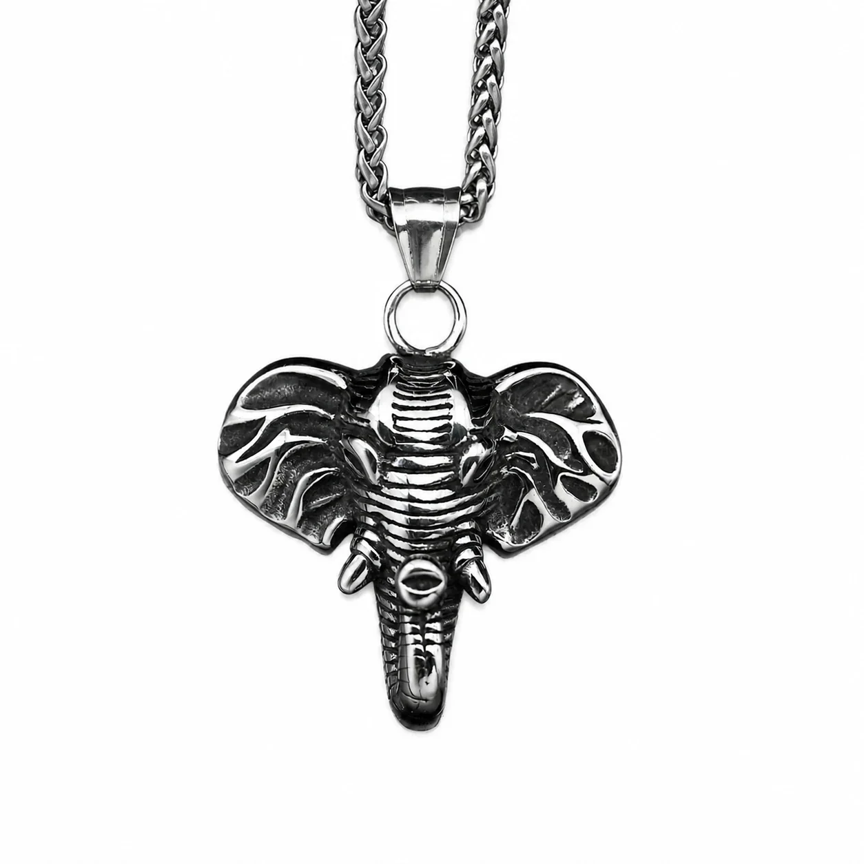 Oxidized Stainless Steel Elephant Head Ribbed Pendant
