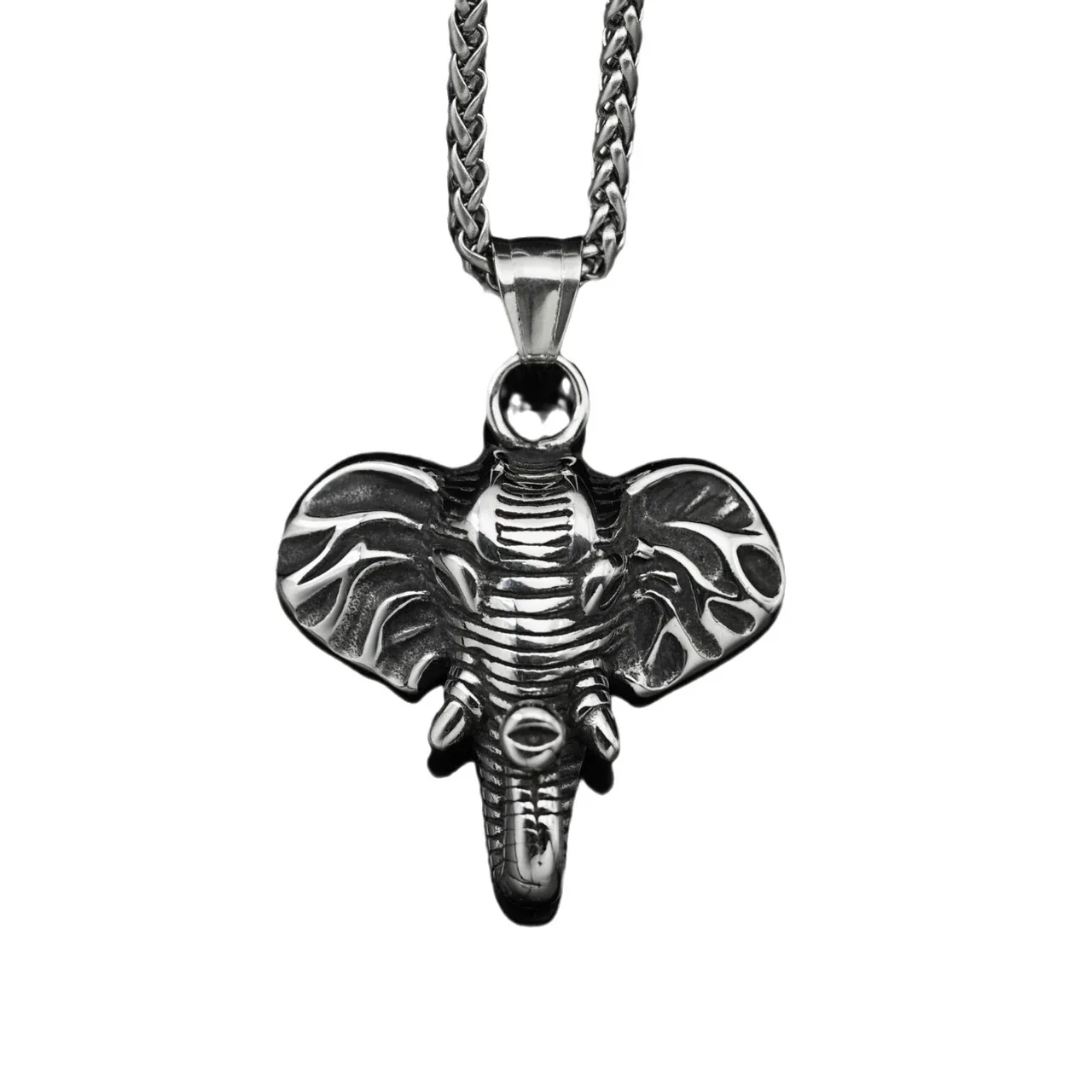 Oxidized Stainless Steel Elephant Head Ribbed Pendant