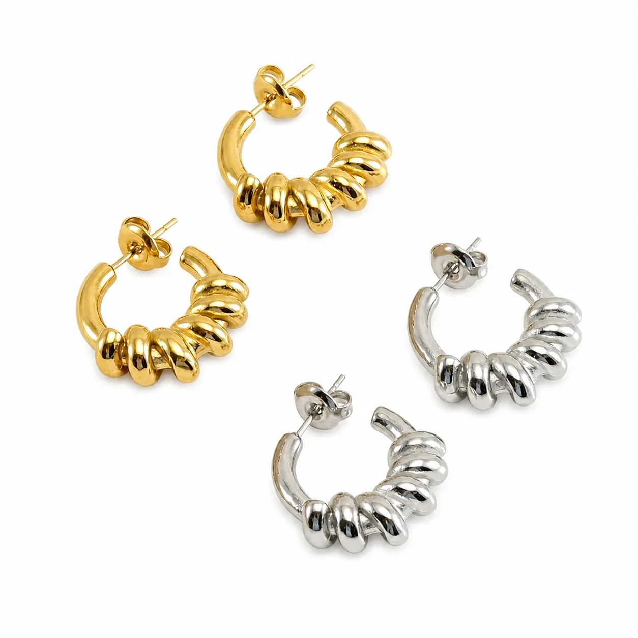 Sculptural 18K Gold-Plated Ribbed C-Hoop Earrings