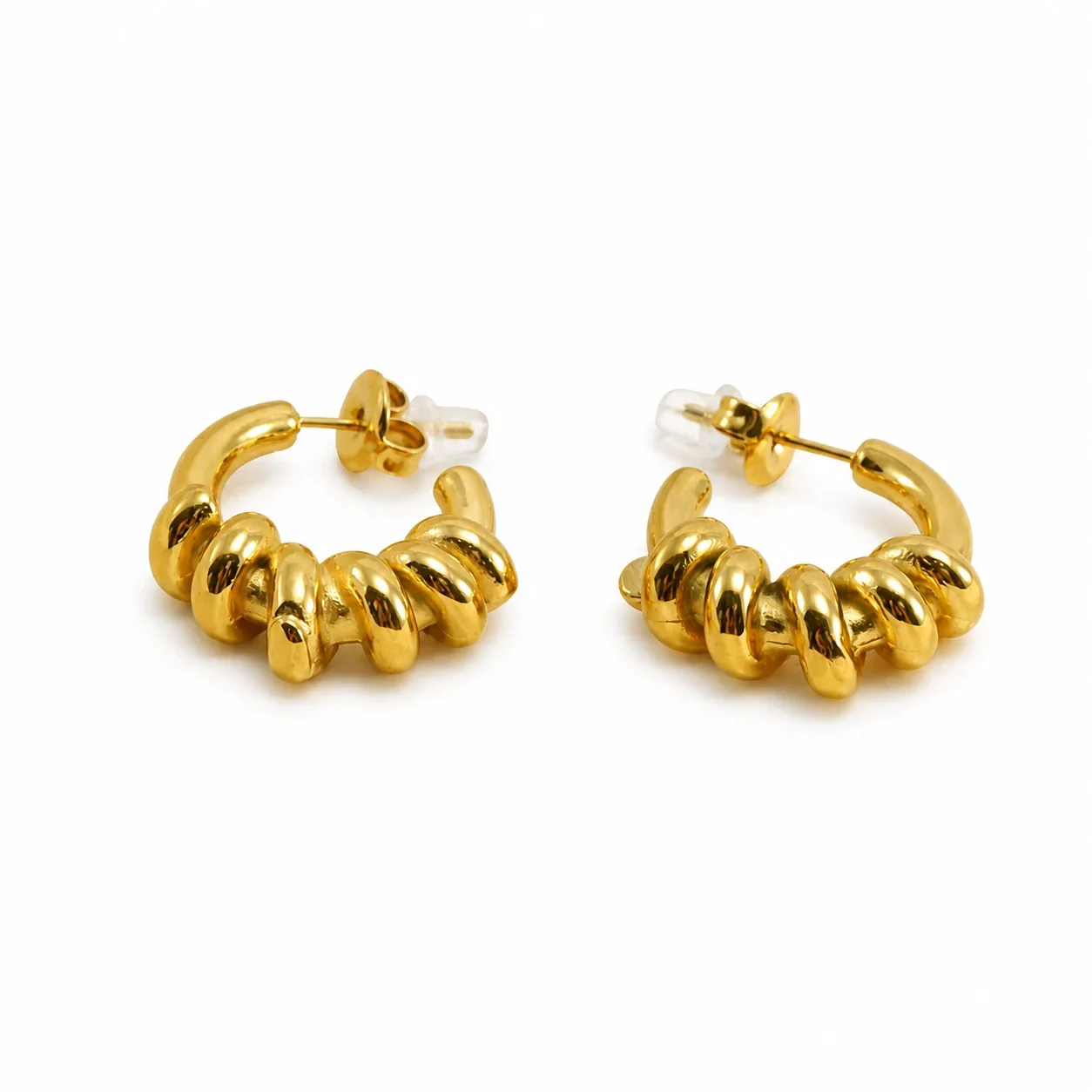 Sculptural 18K Gold-Plated Ribbed C-Hoop Earrings