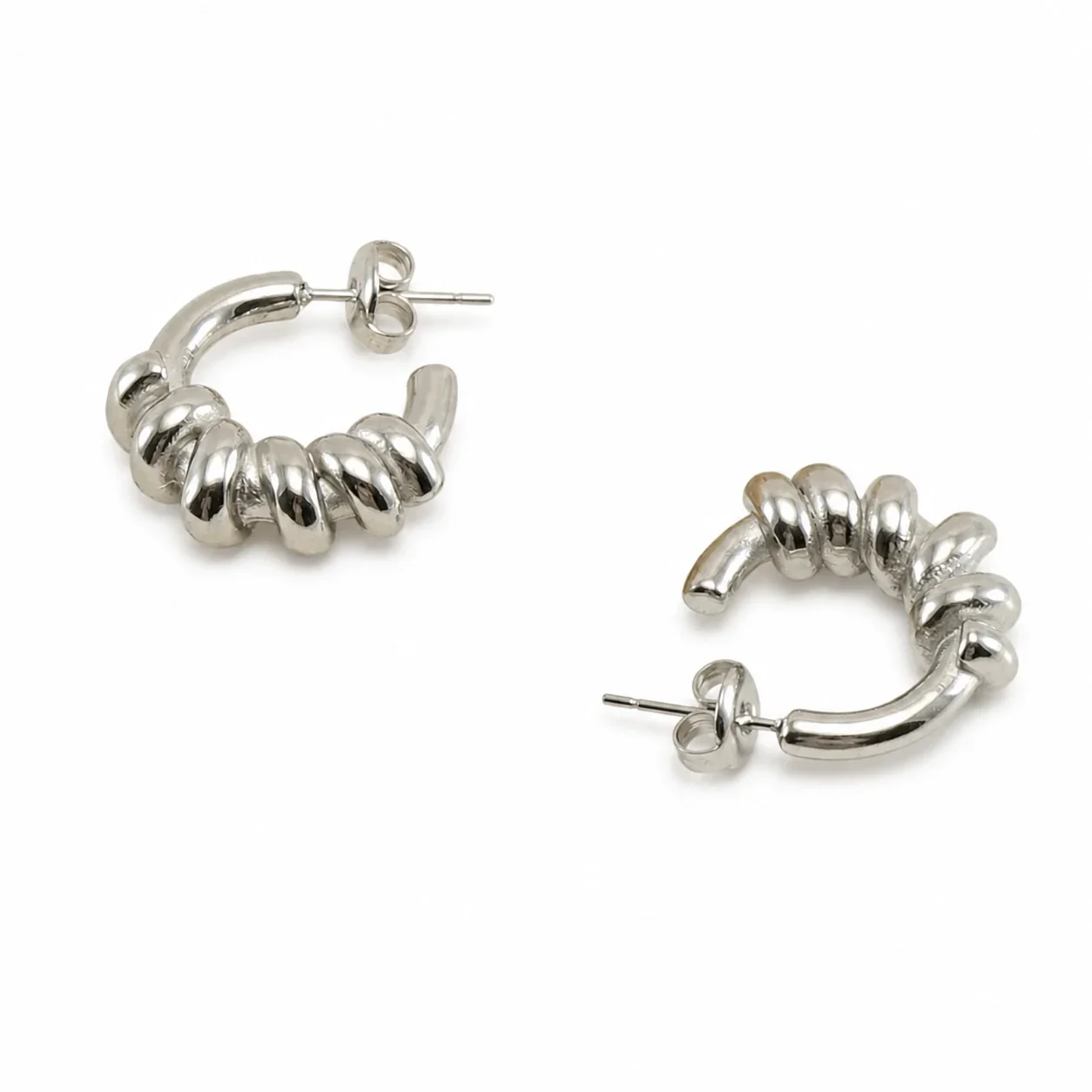 Sculptural 18K Gold-Plated Ribbed C-Hoop Earrings - Silver