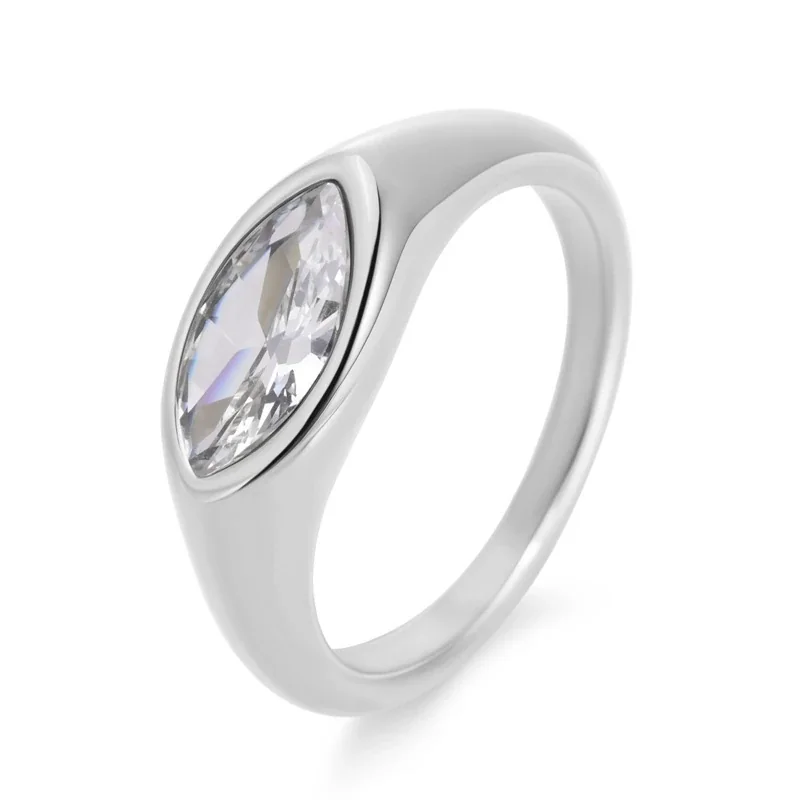Sculptural Stainless Steel Marquise Bezel CZ Dome Ring