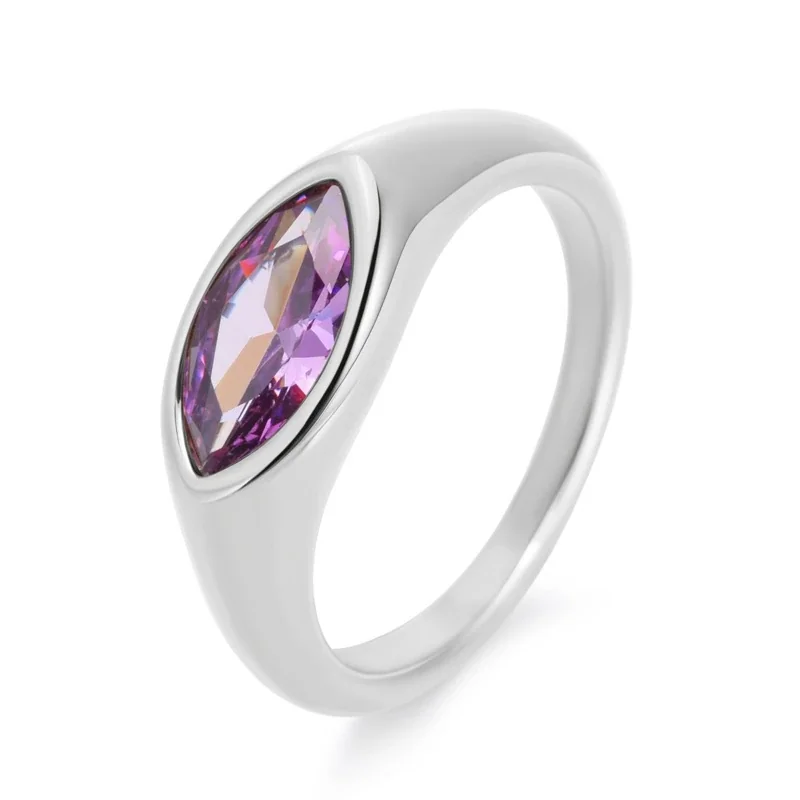 Sculptural Stainless Steel Marquise Bezel CZ Dome Ring - Silver Purple CZ