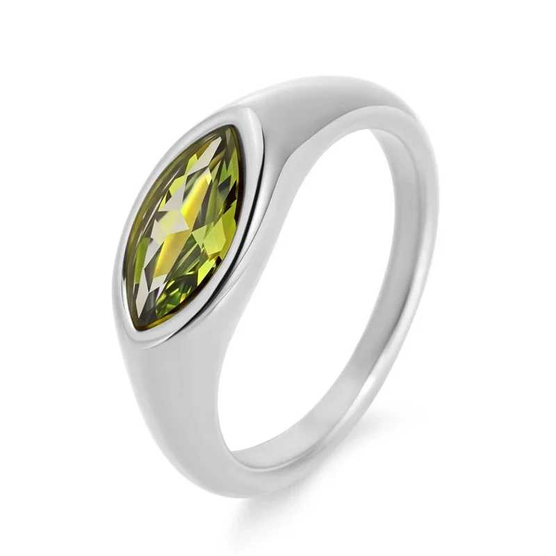 Sculptural Stainless Steel Marquise Bezel CZ Dome Ring - Gold Green CZ