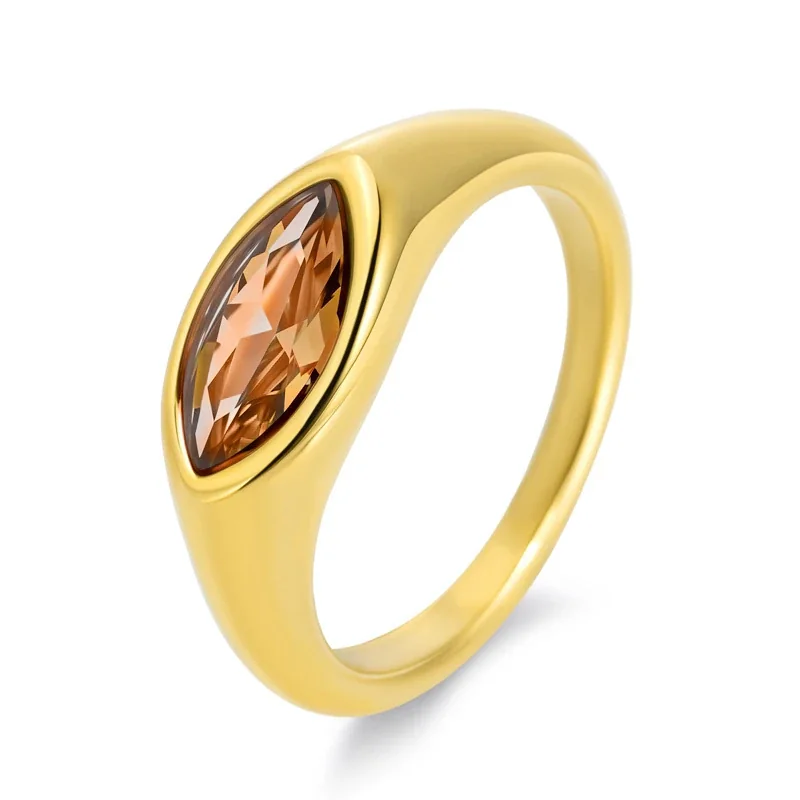 Sculptural Stainless Steel Marquise Bezel CZ Dome Ring - Gold Champagne CZ