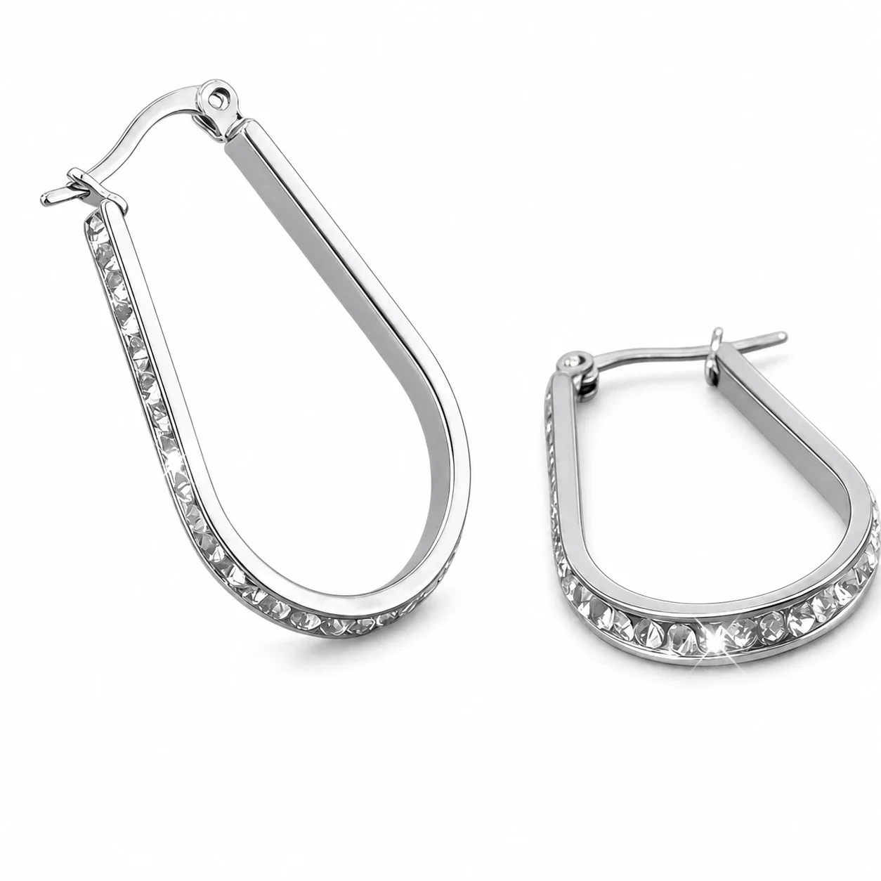 Sleek 18K Gold PVD Pavé U Hoop Earrings - Silver